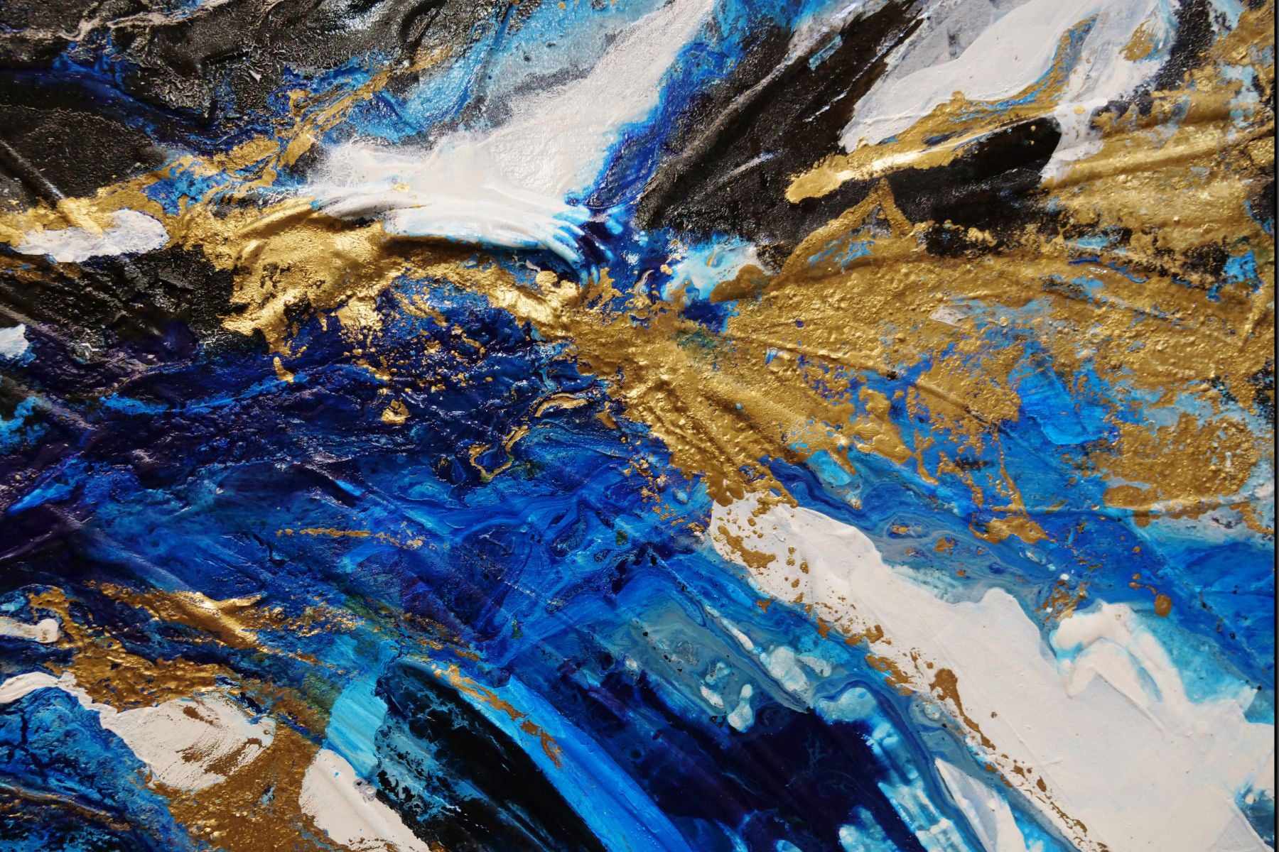 Golden Blue Silk 190cm x 100cm Abstract Textured Painting - Blue Gold Grey Modern Wall Art for Living Room, Bedroom & Office Decor