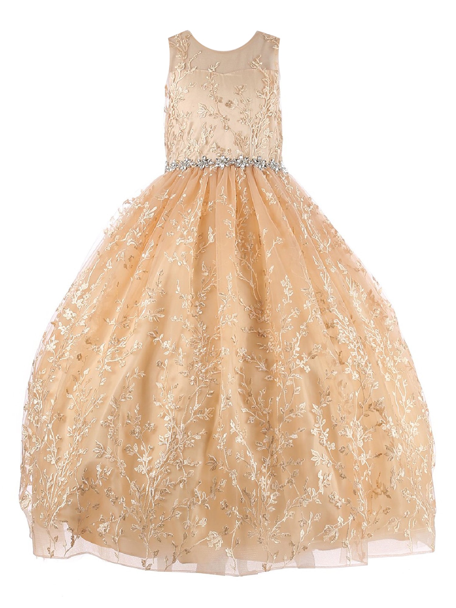 Elegant Champagne Glitter Embroidered Rhinestone Belt Ball Gown for Big Girls Size 8-16 | Perfect for Prom, Quinceañera & Formal Events