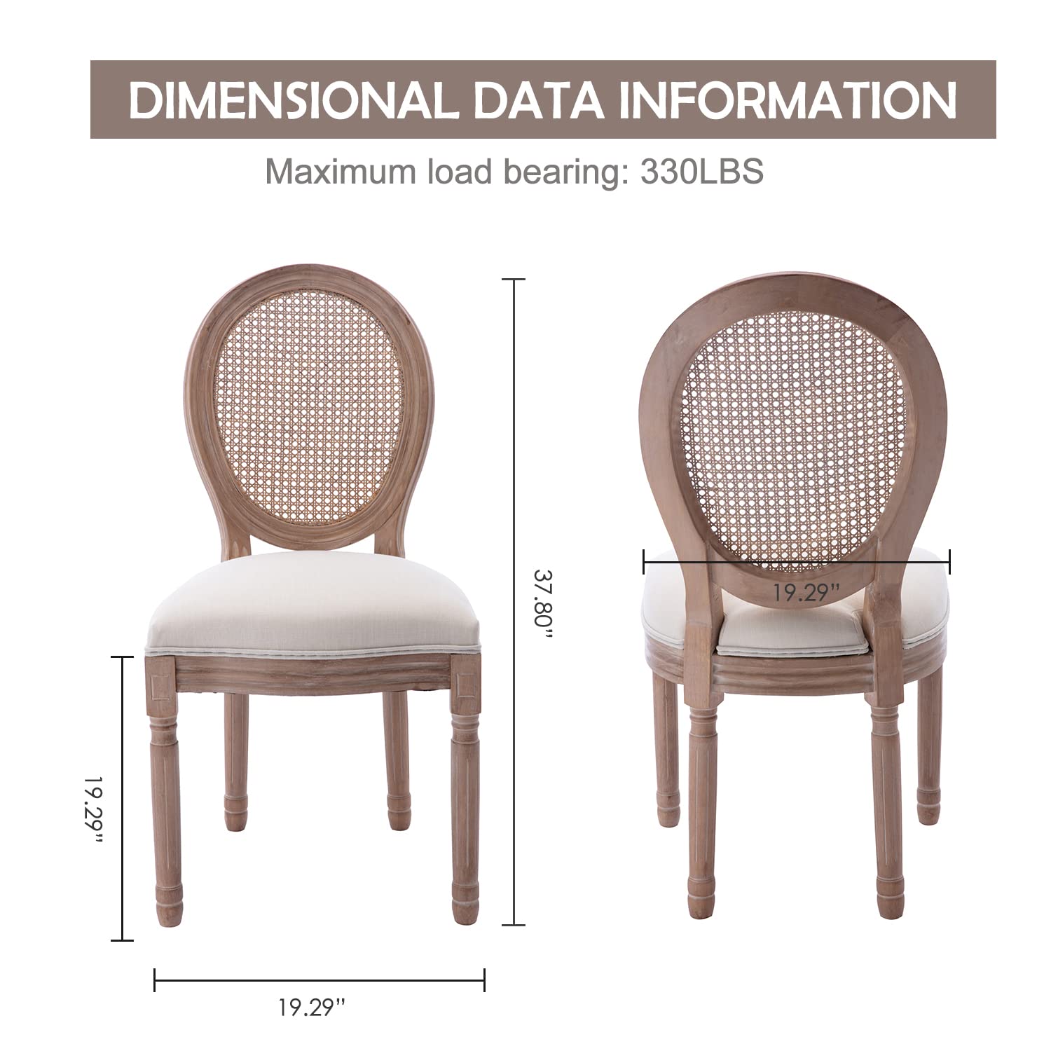 Virabit French Dining Chairs Set of 4 - Rattan Farmhouse Upholstered Chairs with Curved Backrest & Carved Solid Wood Frame - Elegant Seating for Living Room, Kitchen, Restaurant, Cafe, and Outdoor Dining Areas