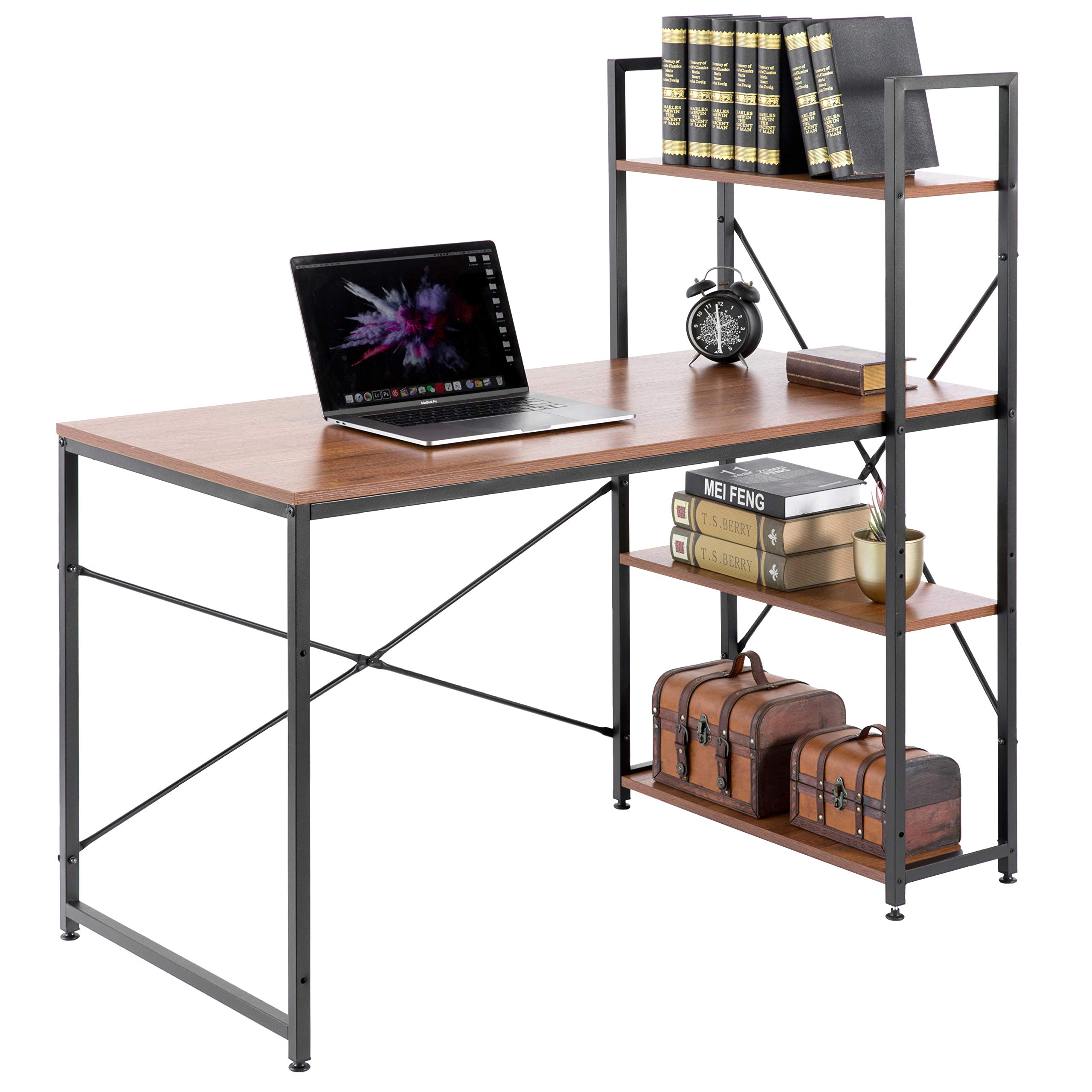 Industrial Home Office Computer Desk with Bookshelves - Solid Wood & Metal Frame, Cherry Finish - Perfect for Small Spaces, Work from Home & Study Rooms