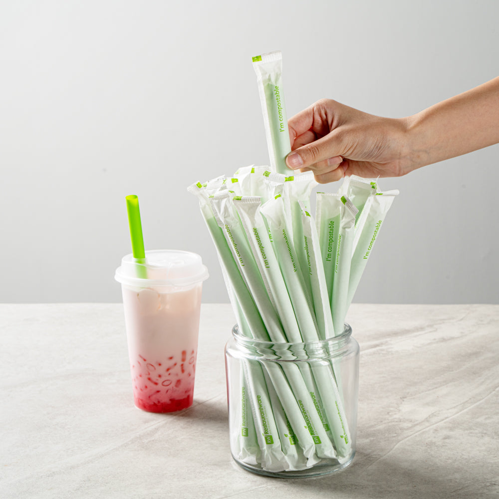 Eco-Friendly Compostable PLA/PBAT Boba Straws - 100 Count Green Biodegradable Drinking Straws for Bubble Tea, Smoothies & Cold Beverages