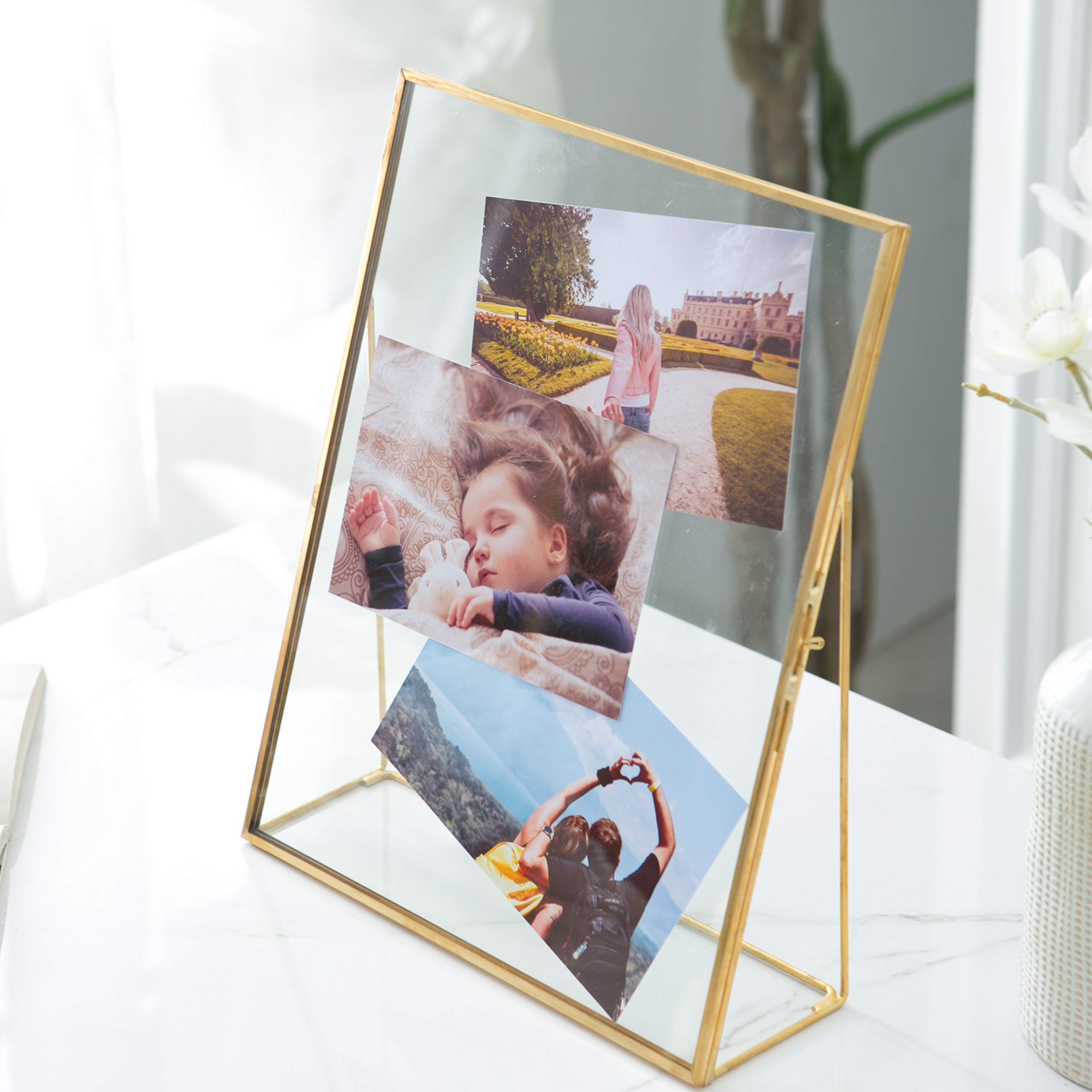 Large Rectangle Gold Picture Frame - 9.5x11.5 Inch Double Glass & Golden Metal Photo Frame for Family Photos, Desk, Vanity, Dresser | Nordic Home Decor for Bedroom, Living Room, Office & Gift Giving