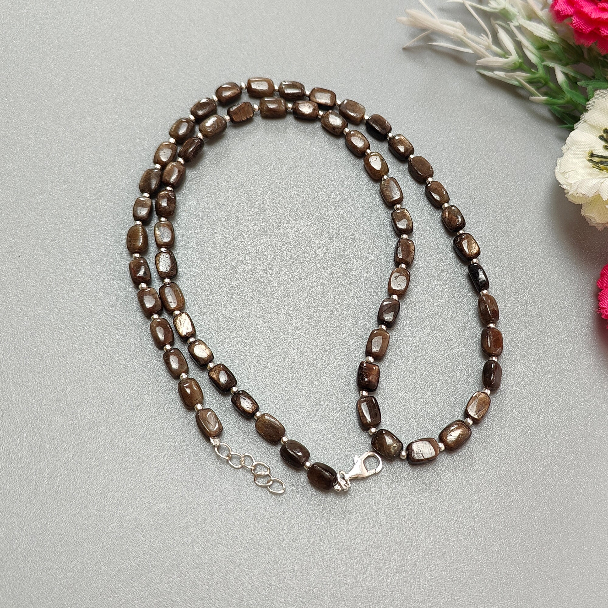 Golden Brown Chocolate Sapphire Gemstone Beads Necklace - 925 Sterling Silver with Natural Plain Cushion Sapphire (5x4mm & 6x5mm) - 18.31g Elegant Jewelry for Women, Perfect for Weddings, Parties & Special Occasions