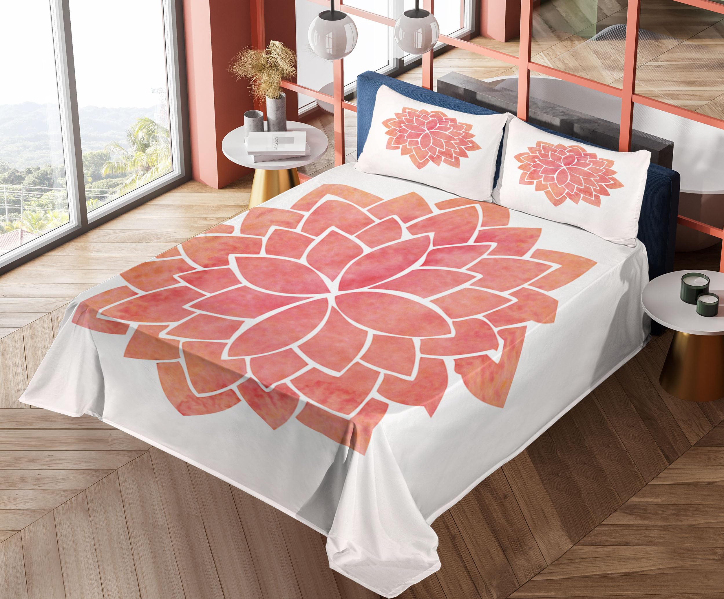 Ambesonne Floral Bed Sheet Set - 4 Piece King Size with Fitted Sheet, Flat Sheet & Pillowcases | Lotus Flower Japanese East Blossom Art Design in Coral White & Salmon | Perfect for Master Bedroom, Guest Room & Bohemian Home Decor