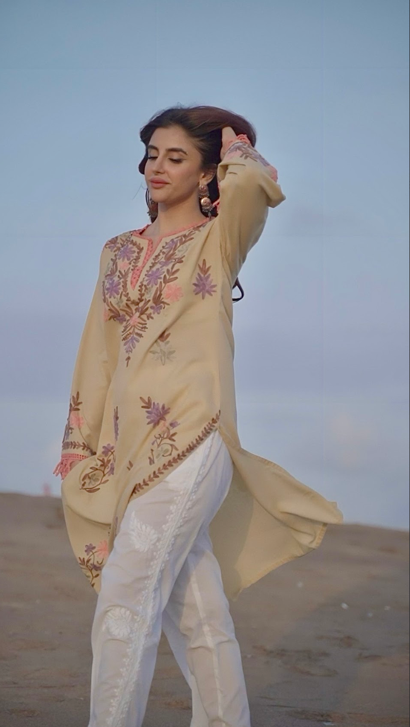 Elegant Miesha in Falak Kashmiri Long Kurta - Beige Traditional Pakistani Dress for Women | Perfect for Weddings, Festivals & Cultural Events