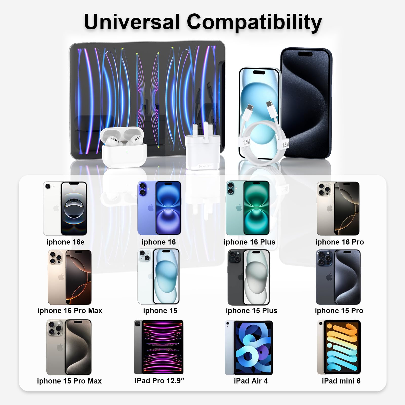 20W USB C Fast Charger for iPhone 16/15 Series & iPad - PD 3.0 Charging Block with 1.5m Cable - Compatible with iPhone 16 Pro Max/Plus/Pro, iPhone 15 Pro Max/Plus/Pro, iPad Pro 11/12.9