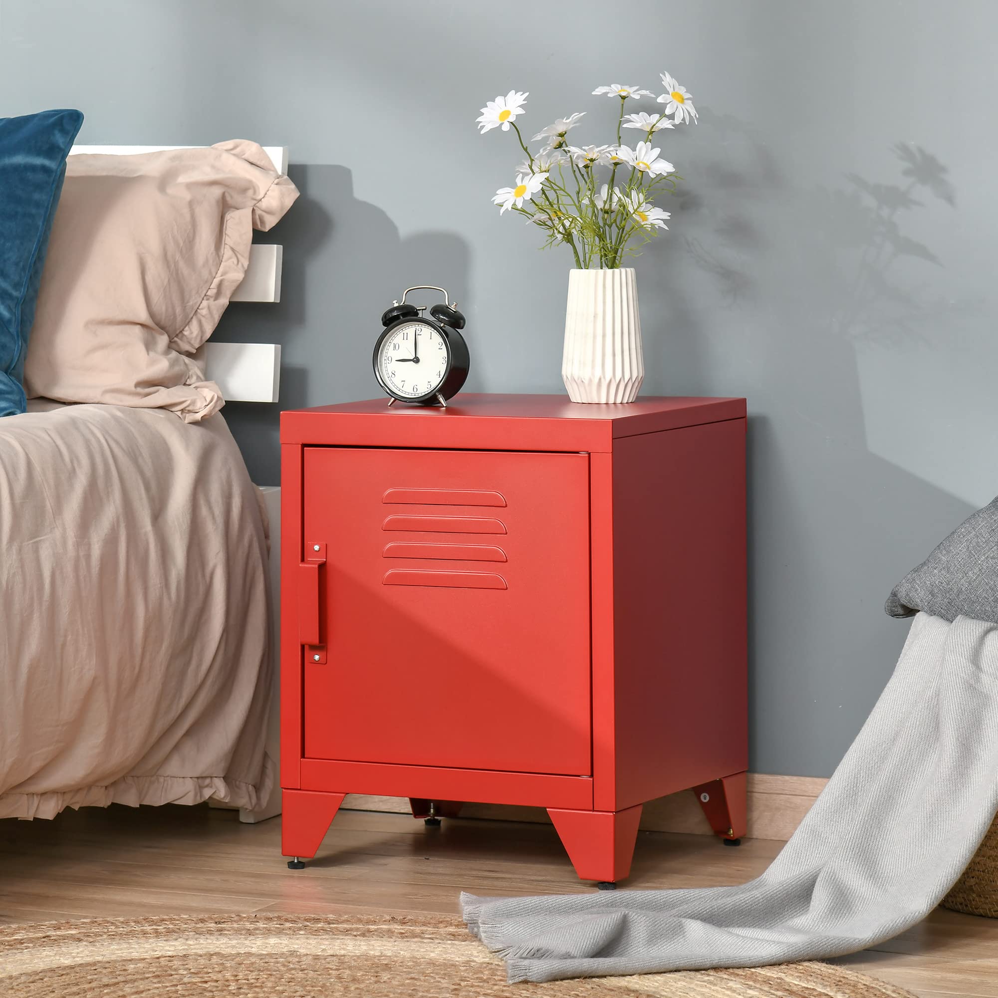 HOMCOM Industrial End Table with Locker-Style Door & Adjustable Shelf - Sturdy Living Room Side Table in Red | Perfect for Small Spaces, Bedroom, Dorm & Office Organization