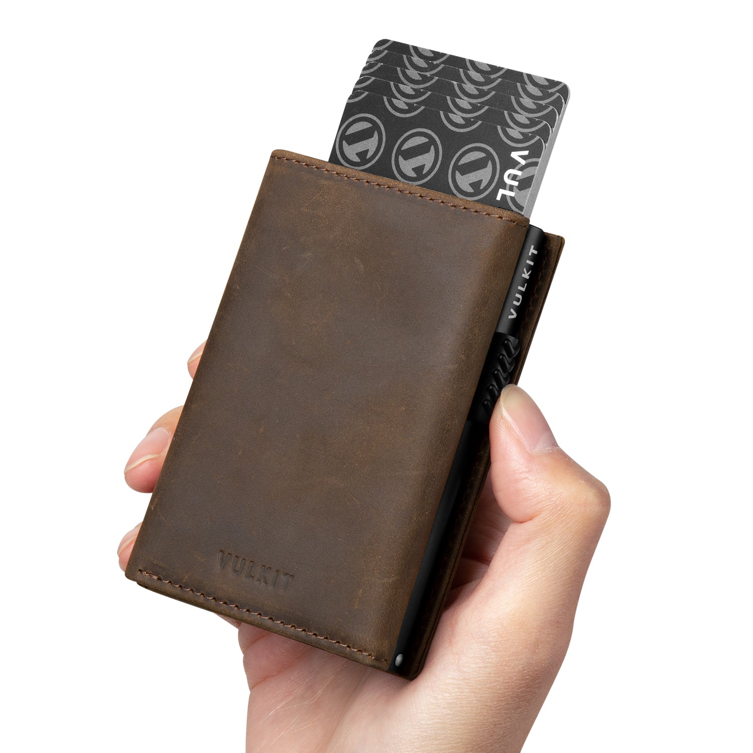VC302P Genuine Crazy Horse Leather Tri-Fold Wallet with Side Slider Mechanism, Back Zipper Slot & Magnetic Closure - Perfect for Men's Everyday Carry, Business & Travel Use