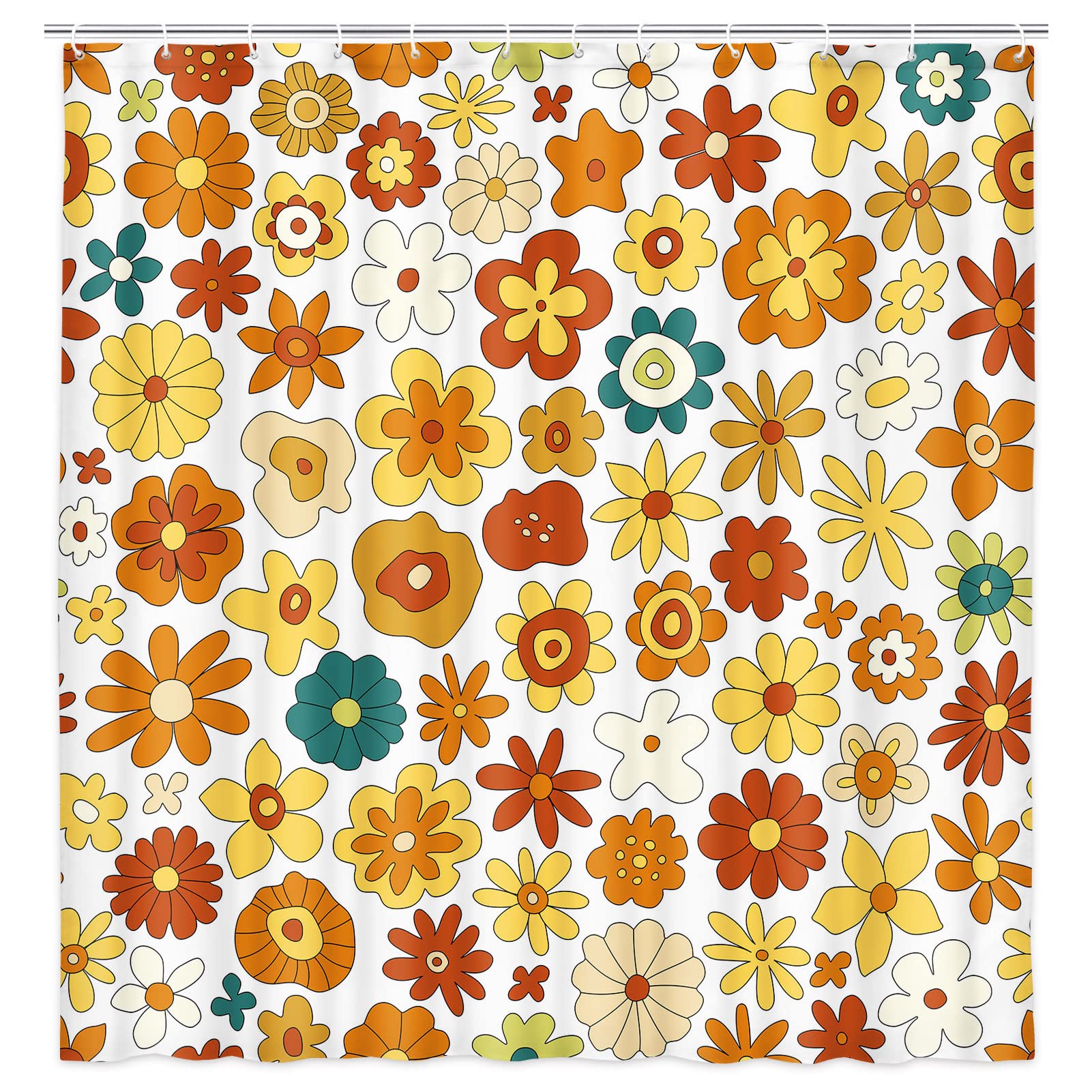 70s Retro Floral Shower Curtain - Vintage Hippie Bathroom Decor with Wavy Geometric Pattern, 69x70 Inch Waterproof Polyester Fabric with 12 Hooks - Perfect for Boho, Farmhouse & Retro Bathroom Themes
