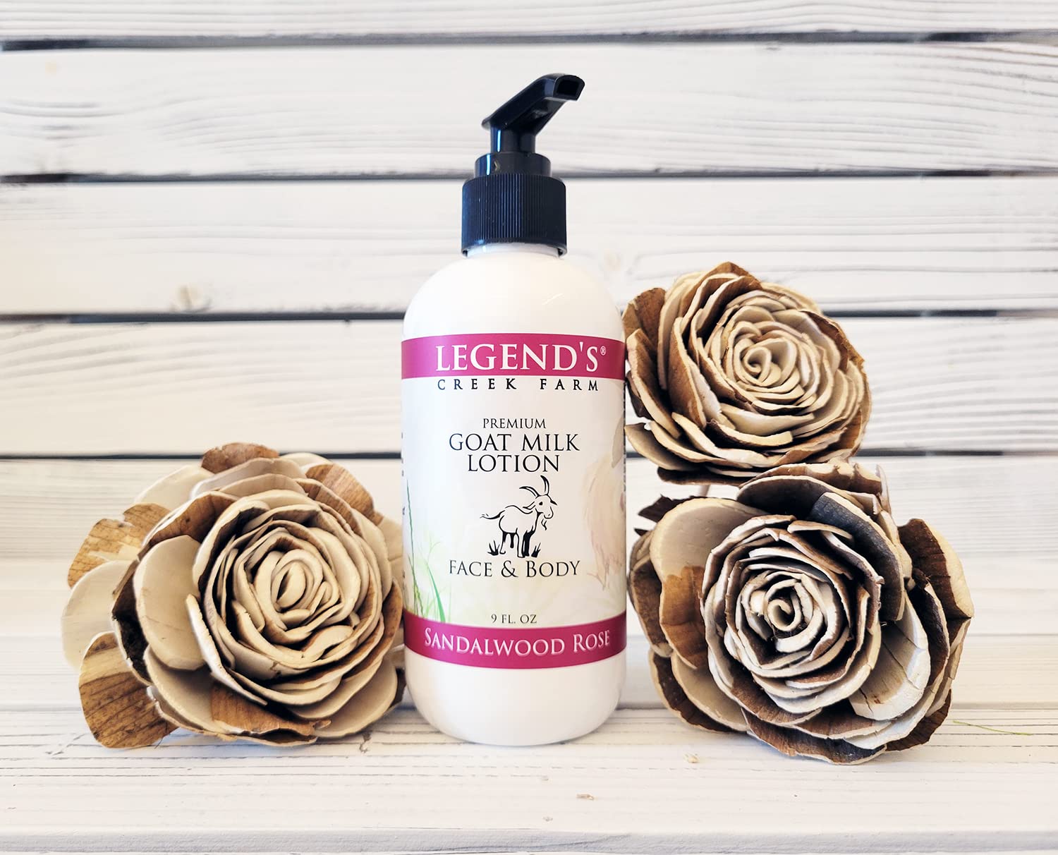 Legend's Creek Farm Goat Milk Lotion - 9 oz Moisturizing Body Lotion for Dry Skin with Shea Butter, Sunflower Oil & Aloe - Handmade in USA for Face, Hands & Body (Sandalwood Rose Scent) | Perfect for Daily Hydration, After-Shower Care & Gift Giving