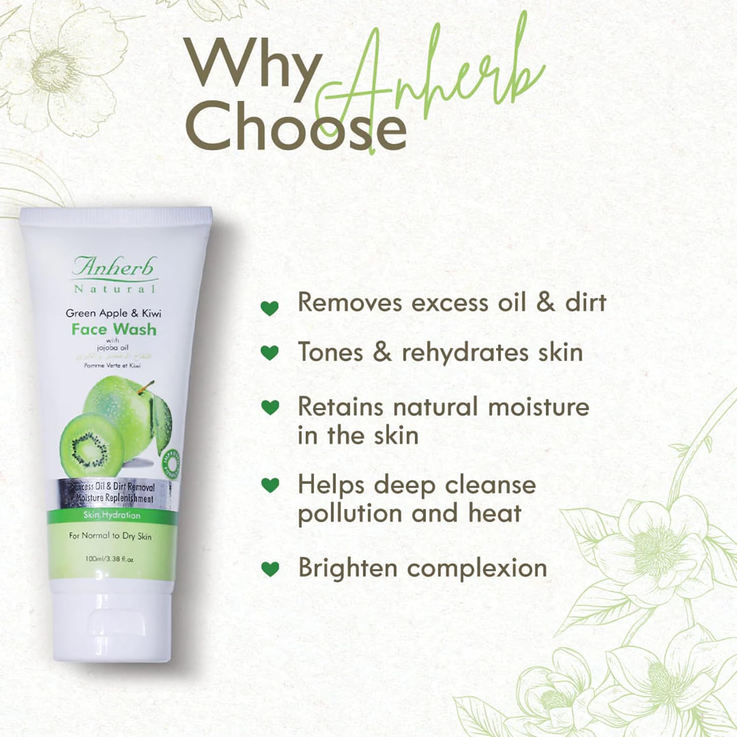 Anherb Green Apple & Kiwi Facial Cleanser 100g - Natural Foaming Face Wash for Acne & Oily Skin - Gentle Daily Cleanser for Men & Women - Perfect for Morning & Night Skincare Routine