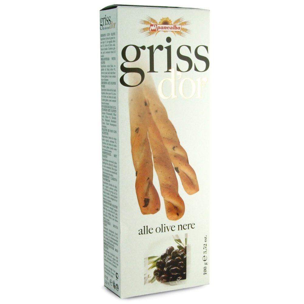 Griss d'Or Traditional Italian Breadsticks with Black Olives - 3.52 oz (100g) | Crunchy Snack for Parties, Charcuterie Boards & Wine Pairing
