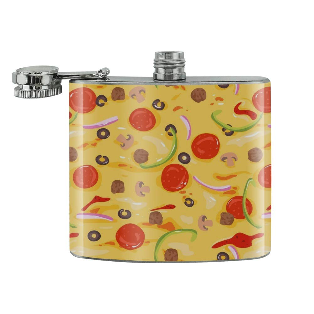 Stainless Steel 5oz Hip Flask with Pizza Pattern - Pepperoni, Olives & Onions Design | Perfect for Outdoor Adventures, Parties & Gifts