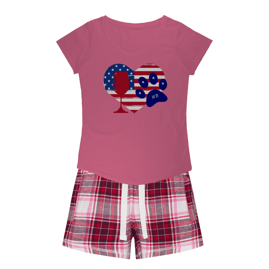 WineyBitches.Co American Wine Heart Paw Print Sleep T-Shirt & Flannel Shorts Set - Cute Pajamas for Women, Girls Night In, Wine Lovers Gift