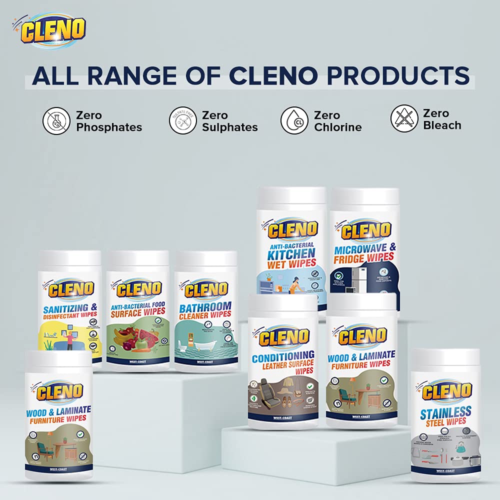 Cleno Antibacterial Food Surface Wet Wipes - 50 Count | Kills Germs & Bacteria | Safe for Fruits, Vegetables, Milk Packs & Dishes | Removes Chemicals & Waxes | Perfect for Kitchen, Picnics & Travel