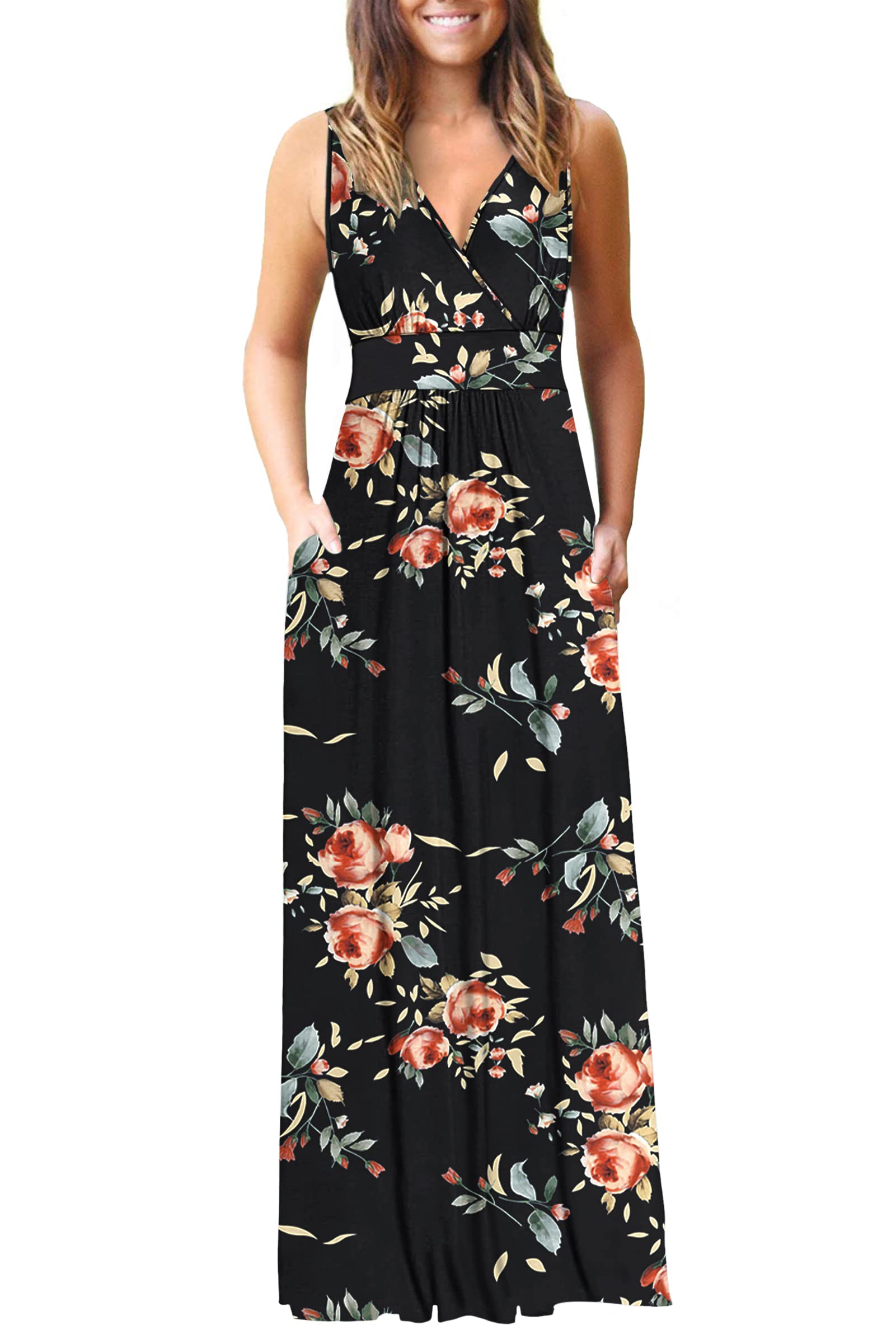 AUSELILY Women's Sleeveless Deep V-Neck Formal Maxi Dress with Pockets - Elegant Loose Plain Cocktail Long Dress for Evening Parties, Weddings & Special Occasions | 2025 New Collection