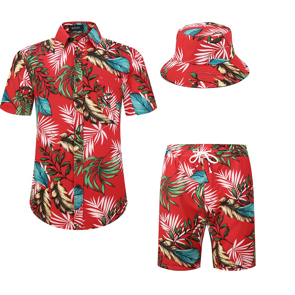 MCEDAR Men's Hawaiian Shirt & Shorts 2-Piece Vacation Outfit Set - Casual Button Down Beach Floral Shirt with Matching Shorts & Bucket Hat | Tropical Summer Wear for Beach Parties, Luaus & Vacation Getaways