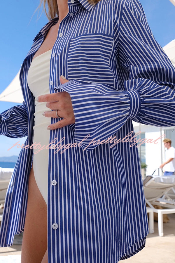 Women's Striped Print Ruffled Long Sleeve Blouse with Pockets - Casual Loose Fit Shirt for Work, Date Night & Everyday Wear