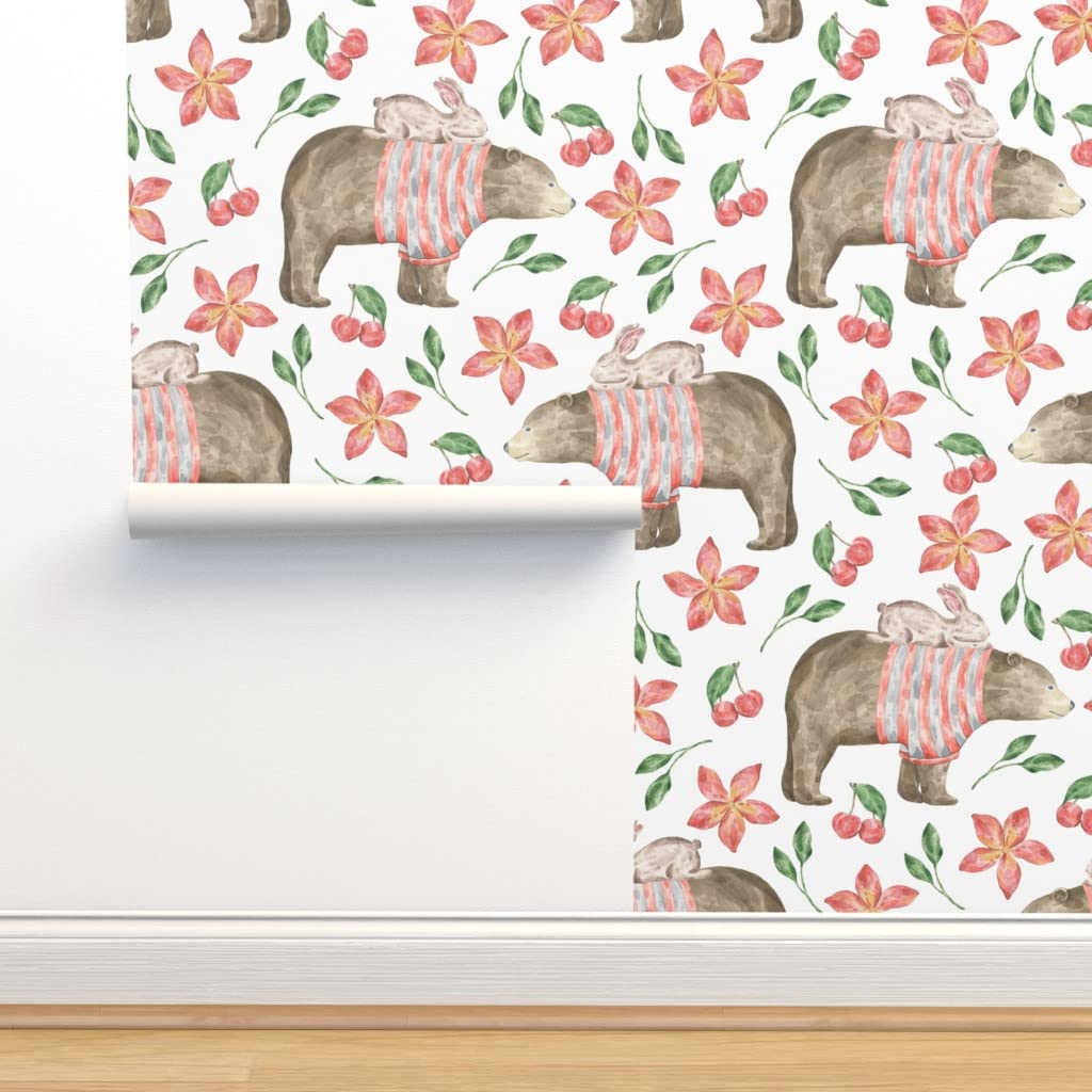 12ft x 2ft Winter Bear Watercolor Berries Peel & Stick Removable Wallpaper - Gender Neutral Nursery Decor, Wild Woodland Theme by Spoonflower | Perfect for Baby Rooms, Kids Bedrooms & Home Accent Walls