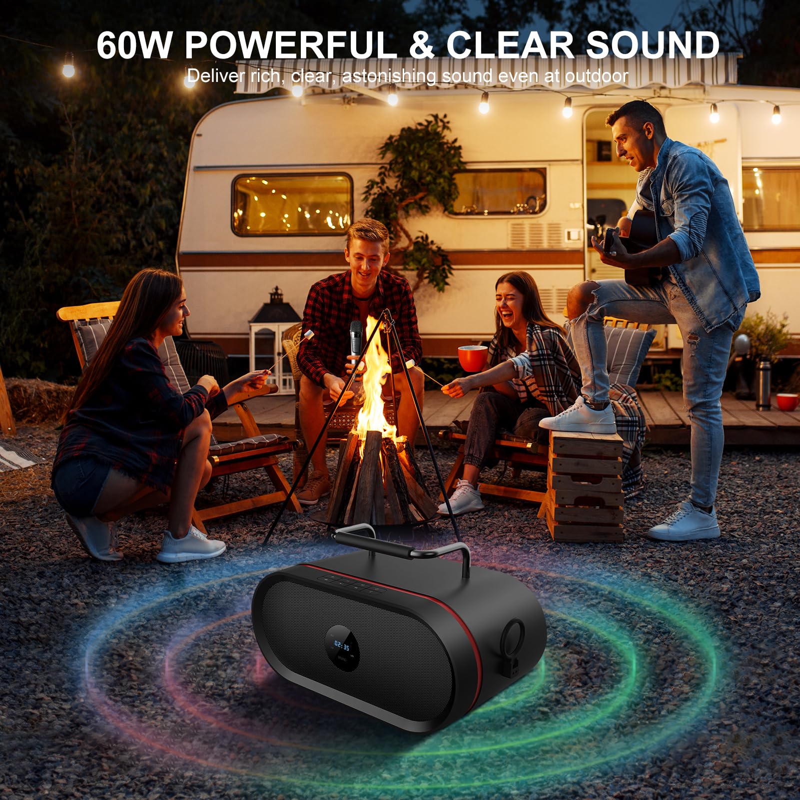 RHM K666 Portable Karaoke Machine with Rich Bass & Powerful Sound - 2 Wireless Mics, Rechargeable Battery (8H Playtime), Bluetooth/AUX/USB/PC Connectivity - Perfect for Home Parties, Weddings, Outdoor Picnics & Camping Entertainment