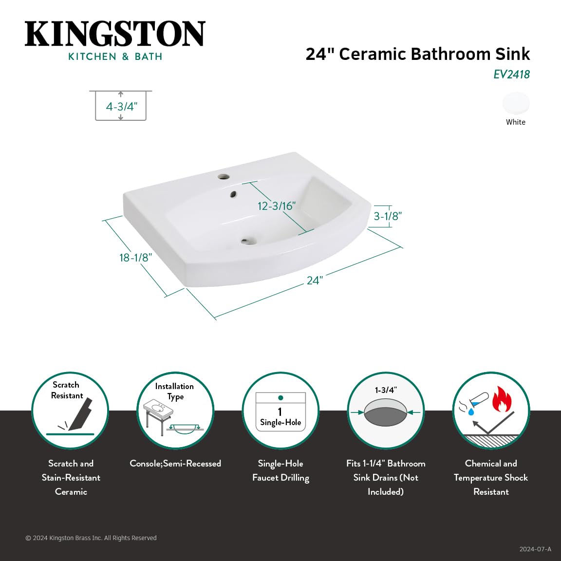Kingston Brass EV2418 Inflection Console Sink Top in White - Elegant Bathroom Vanity Sink for Modern & Traditional Home Decor