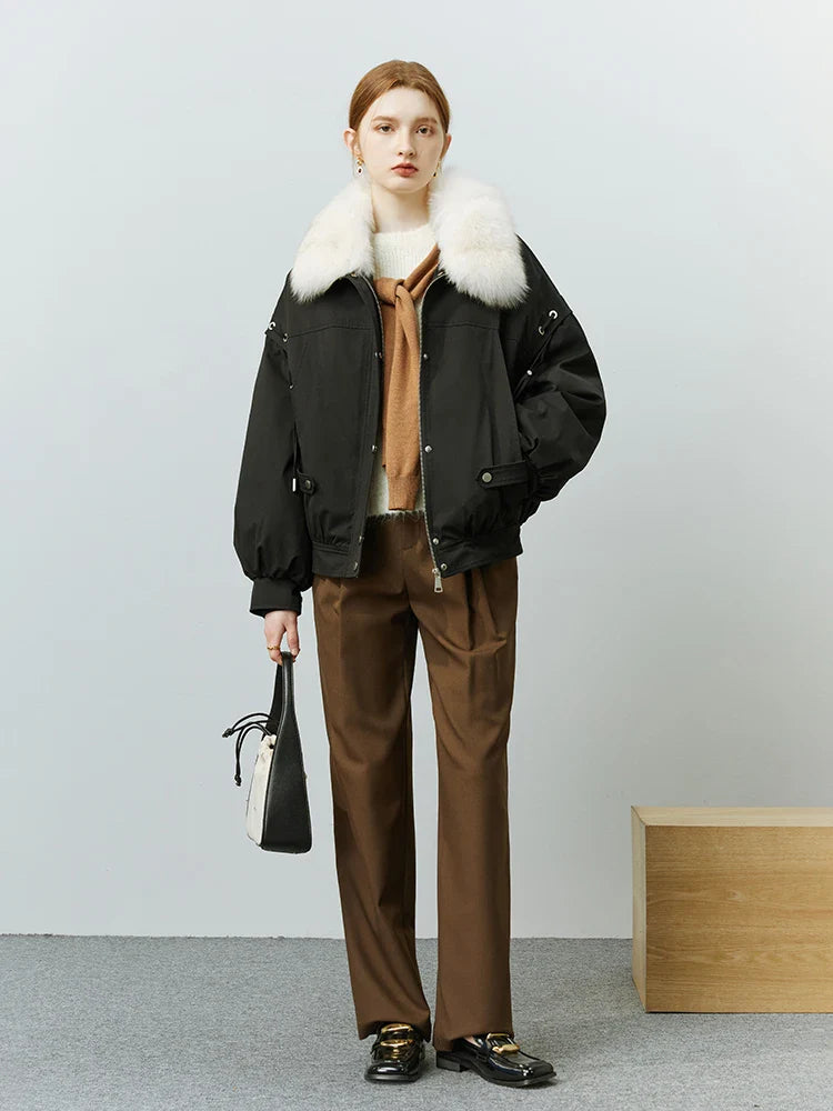 FSLE Women's Fox Fur Collar Short Coat - 2022 Winter Fashion with Removable Rabbit Fur Liner (Black/Khaki) | Warm Winter Jacket for Outdoor Activities & Casual Wear