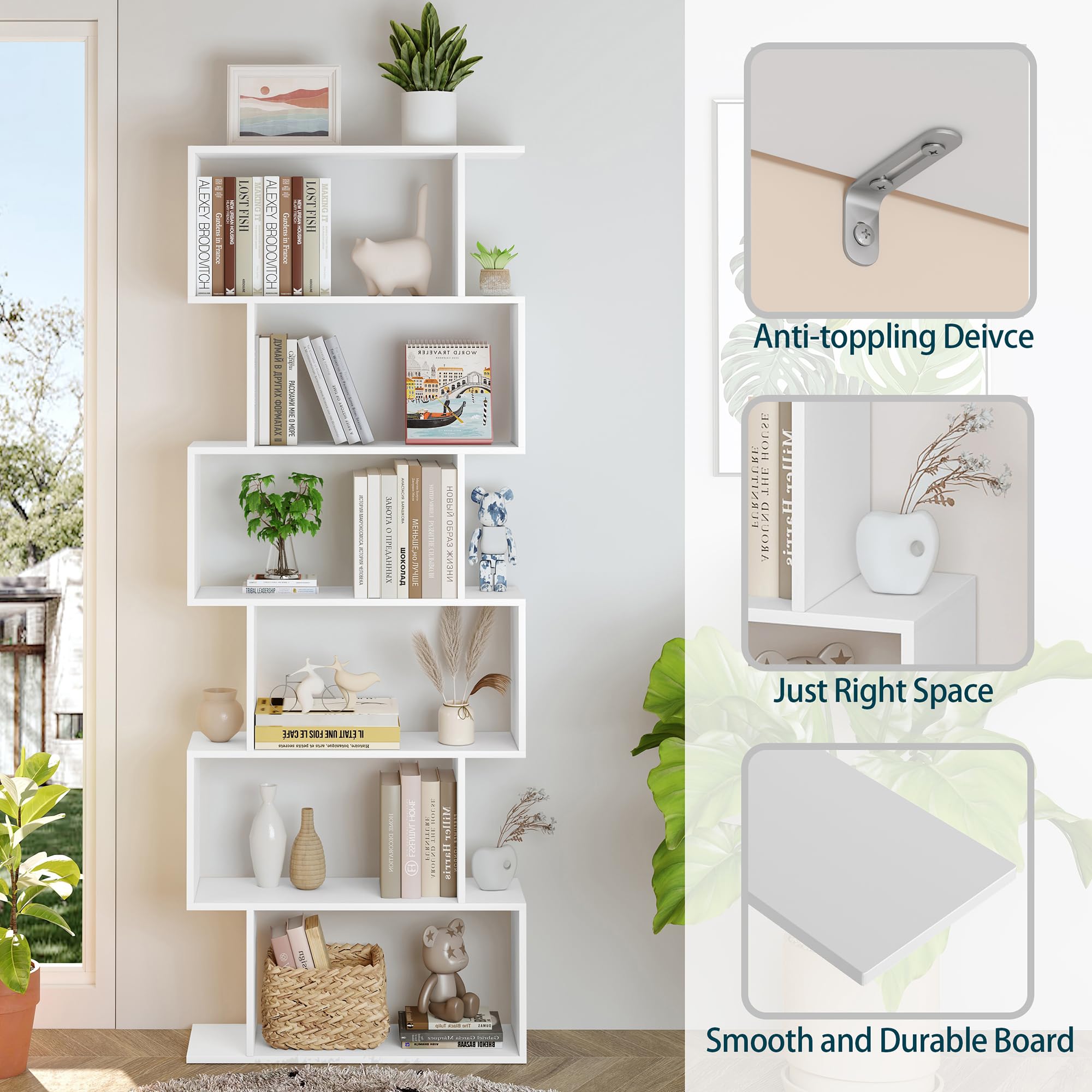 Modern Geometric 6-Tier White S-Shaped Bookshelf - Stylish Bookcase for Living Room, Office & Bedroom Storage & Display