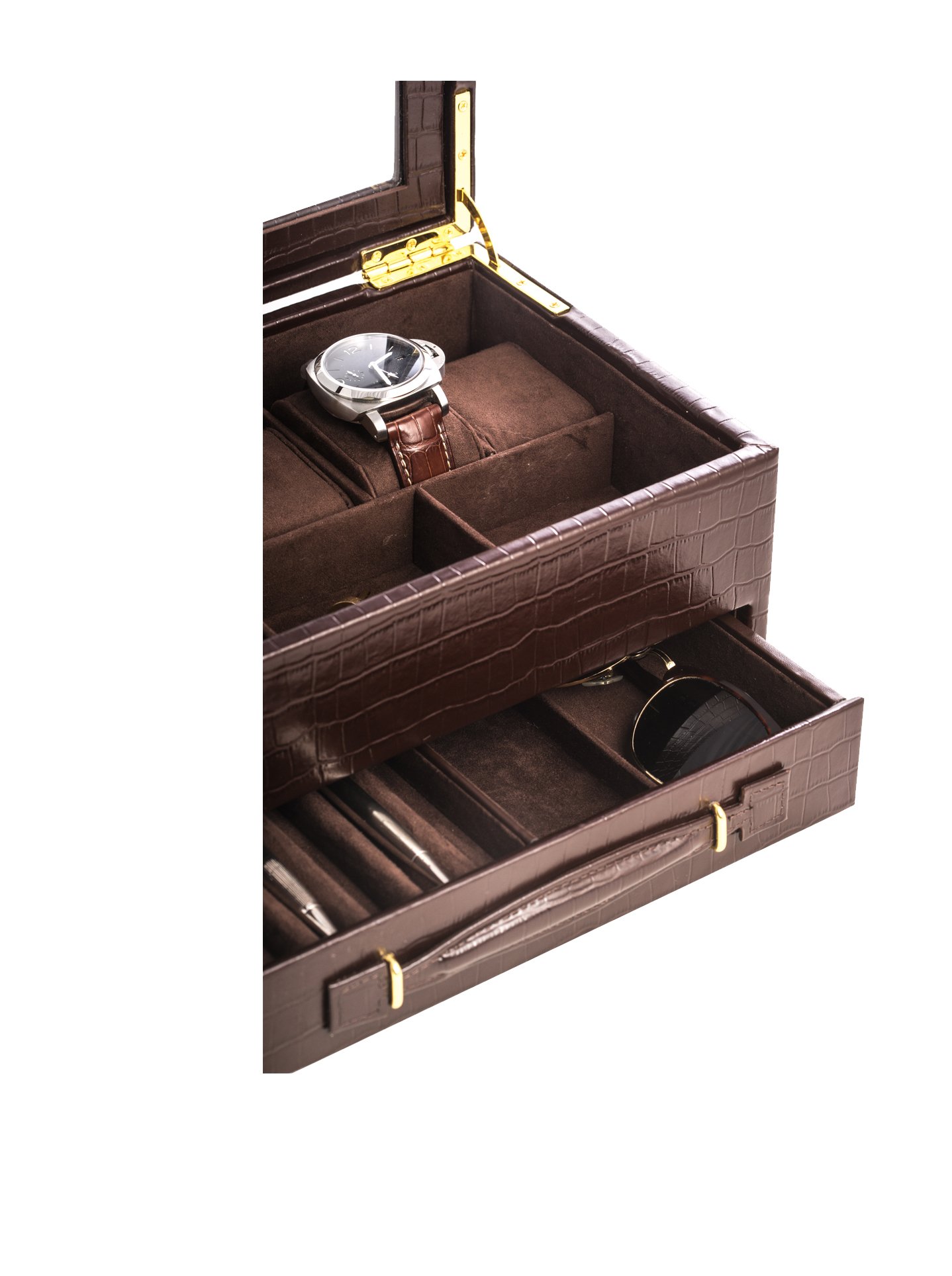 Bey-Berk BB547BRW Brown Crocodile Leather Watch Box with Drawer - Holds 5 Watches, Pens & Accessories - Clear Glass Top Display Case - Perfect for Watch Collectors & Jewelry Storage