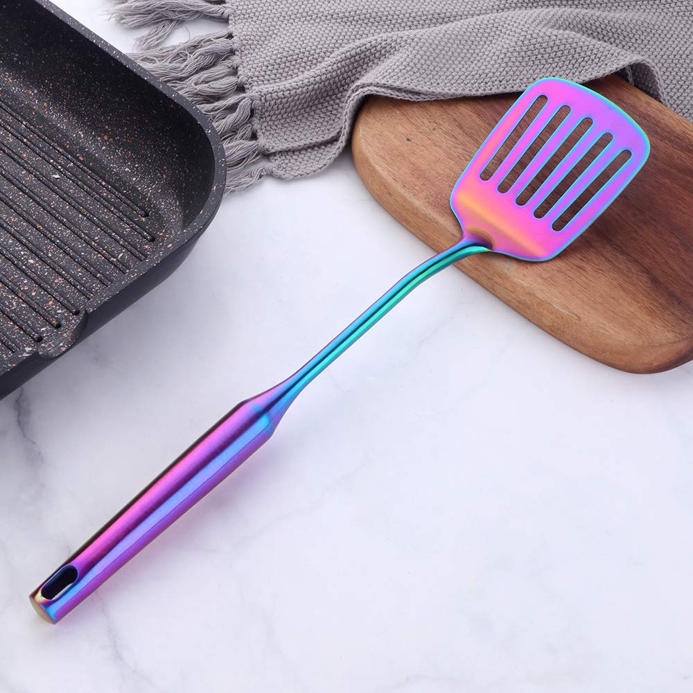 BuyGo Stainless Steel Rainbow Slotted Spatula Turner - Heat-Resistant Kitchen Utensil with Ergonomic Vacuum Handle for Cooking, Flipping & Serving - Dishwasher Safe - Perfect for Woks, Pans & Grilling