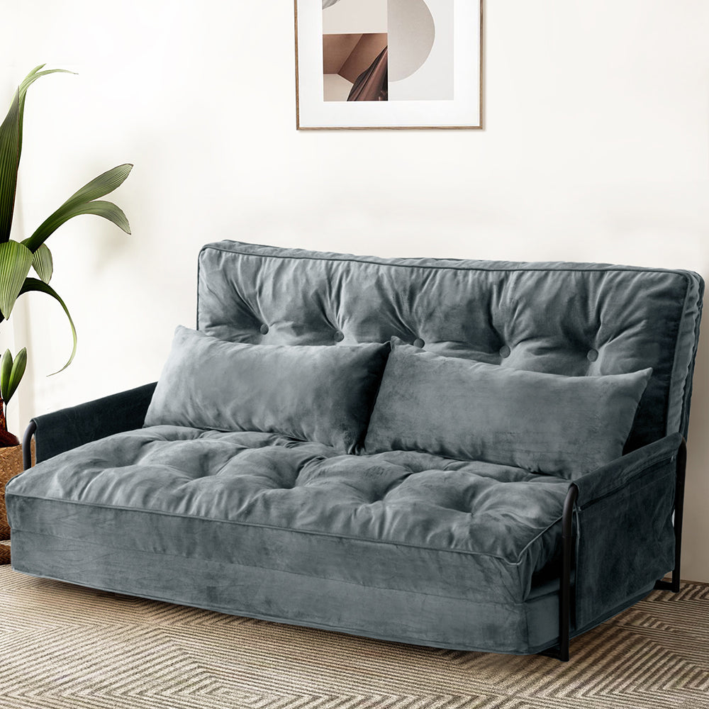 MAXYOYO Adjustable Floor Sofa Couch - Velvet Convertible Lazy Sofa Sleeper Bed with Pillows & Armrest, Double Size in Dark Grey | Perfect for Small Spaces, Living Rooms & Guest Beds
