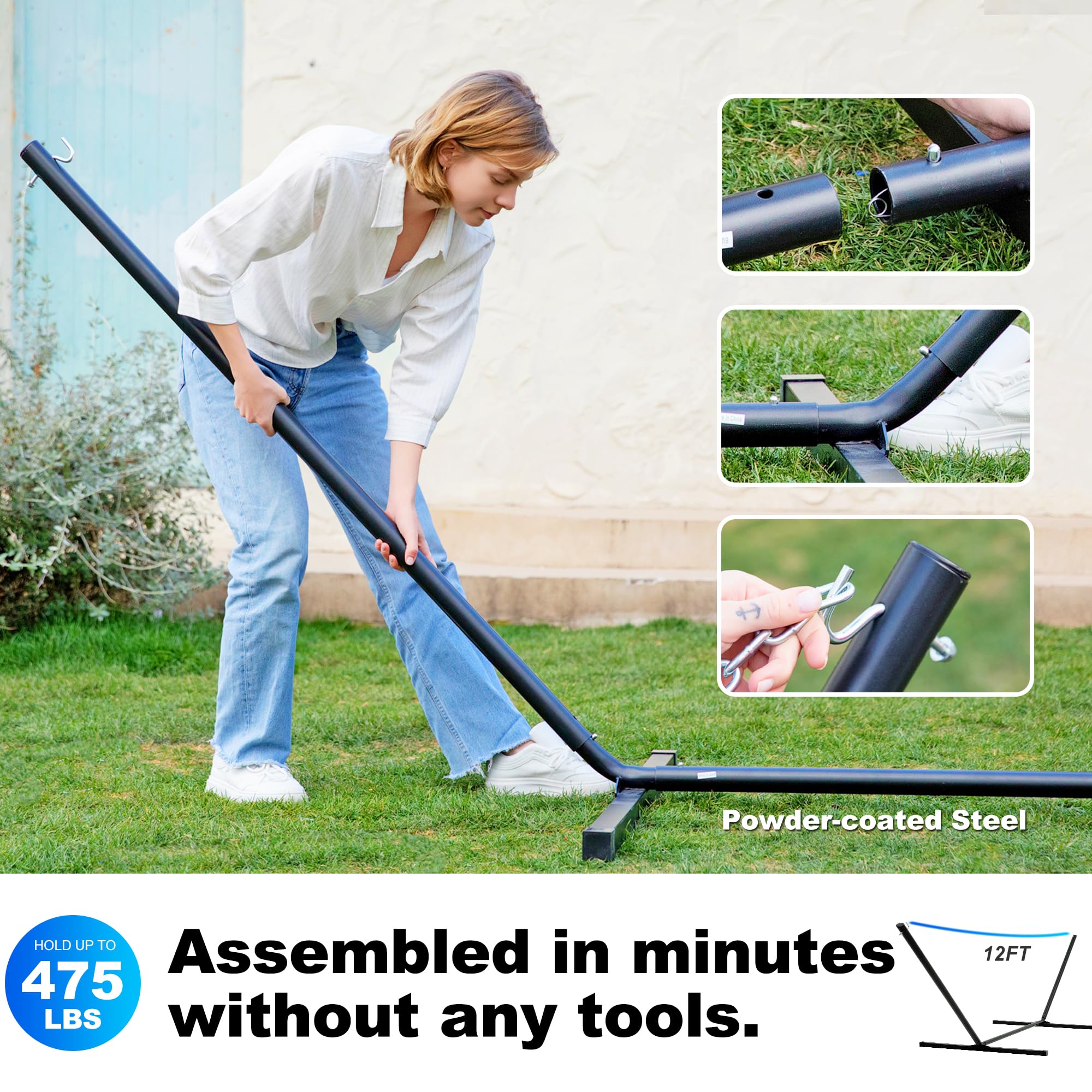 2 Person Heavy Duty Hammock with Steel Stand - 55 Inch Double Hammock for Outdoor, Backyard, Camping - Includes Removable Pillow & Storage Bag - Supports Up to 475 lbs (Navy Blue) - Perfect for Relaxing in Garden, Patio or Beach