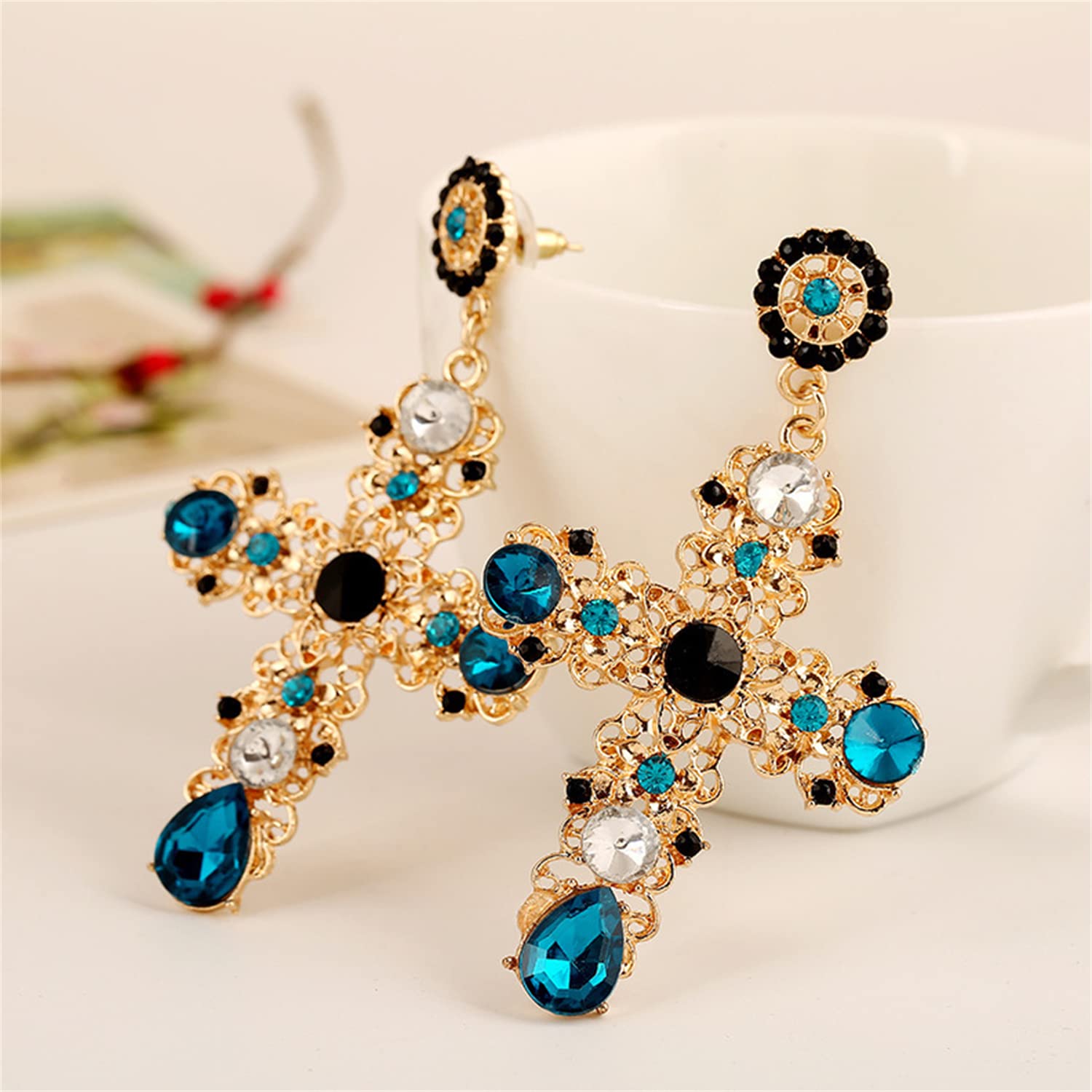 Stylish Gold Cross Red Heart Earrings with Sparkling Crystals - Baroque Hollow Drop Dangle Earrings for Women & Teens | Perfect for Parties, Gifts & Special Occasions