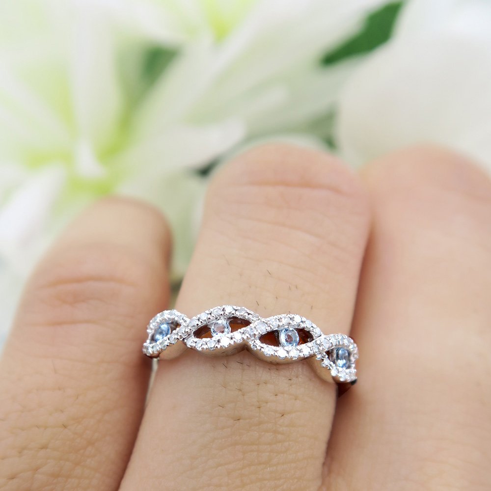 10K Solid Gold Round Aquamarine & White Diamond Wedding Ring - Stackable Anniversary Band, Bridal Swirl Ring for Women - Perfect for Engagement, Proposal, Anniversary Gift & Everyday Wear