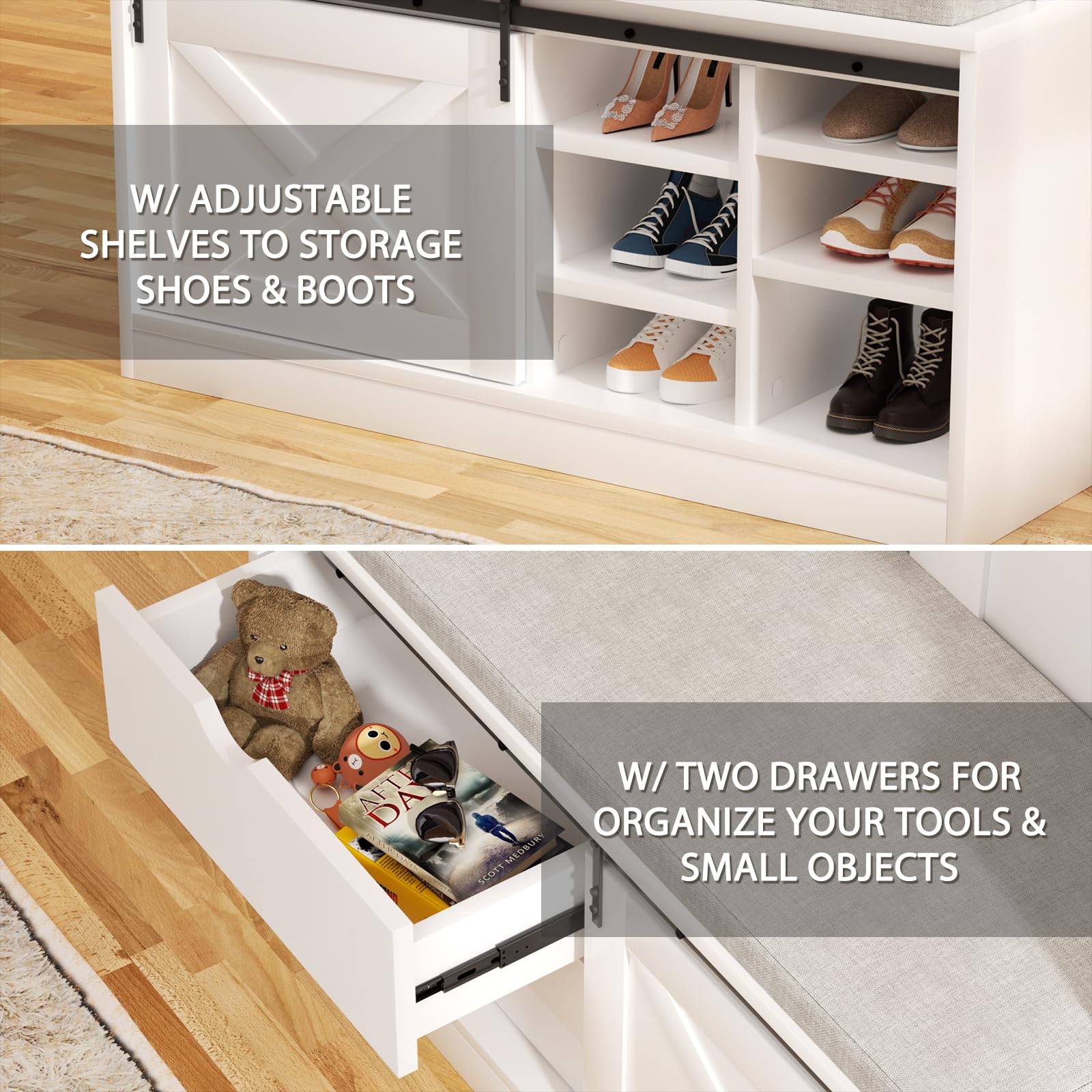 LOVMOR White Entryway Hall Tree with Shoe Storage, Coat Rack & Bench - Upholstered Shoe Storage Bench with Slide Cabinet Organizer Drawer & Adjustable Shelf | Perfect for Small Spaces, Entryway Organization & Home Decor