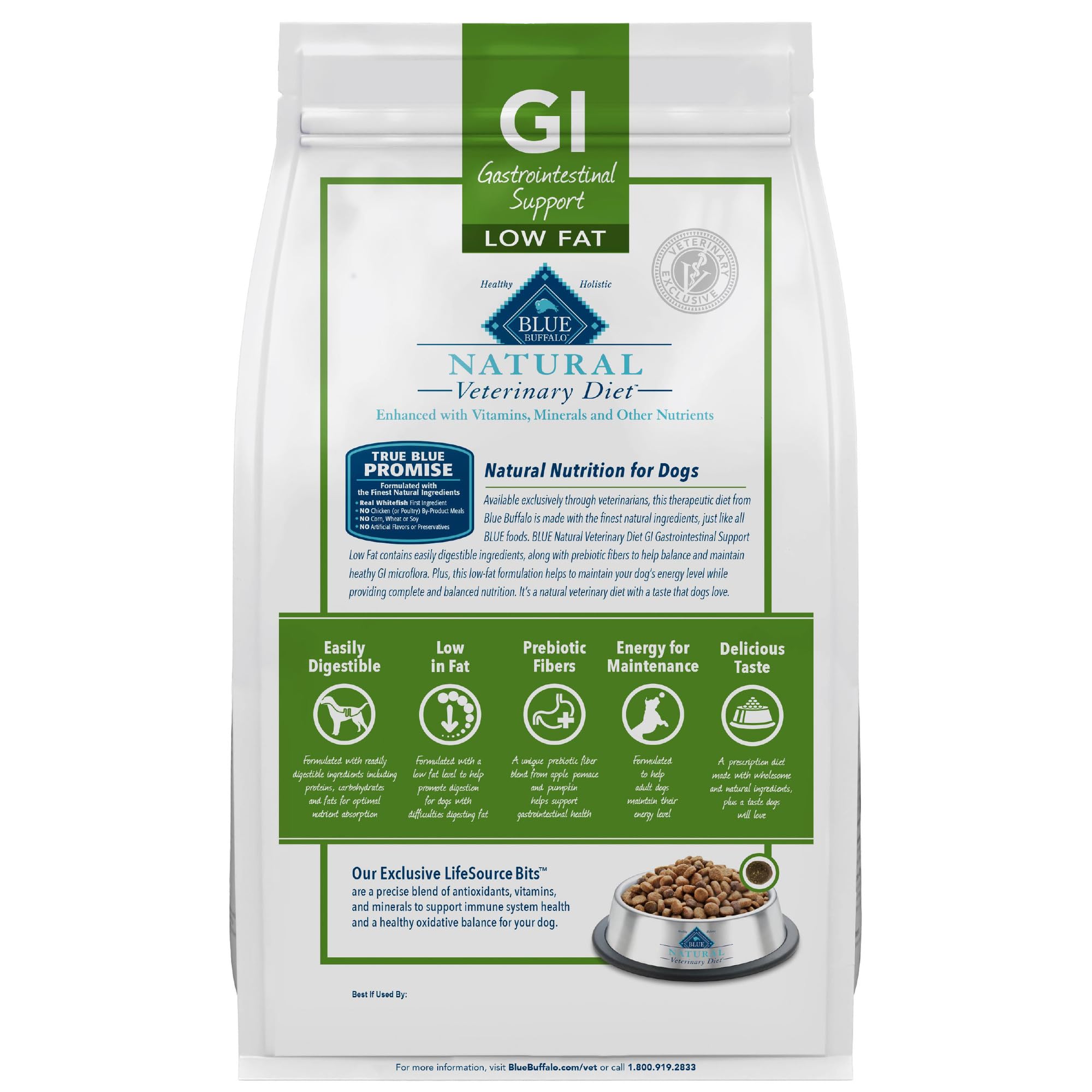 Blue Buffalo Natural Veterinary Diet GI Low Fat Gastrointestinal Support Dry Dog Food - Whitefish Flavor, 22 lb Bag | Vet-Prescribed Digestive Care for Dogs with Sensitive Stomachs | Perfect for Dogs with Pancreatitis or IBD
