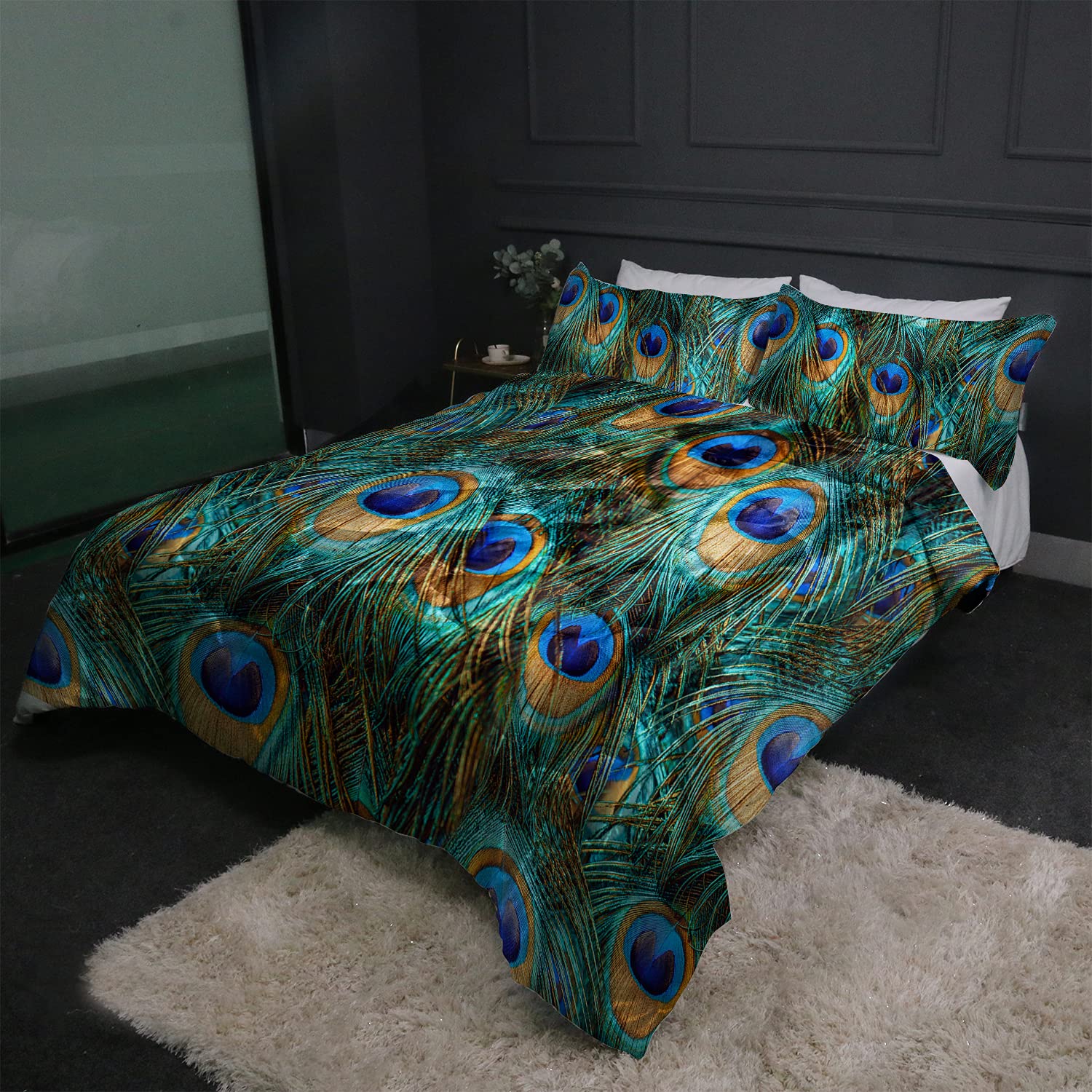 BlessLiving Peacock Feather Satin Comforter Set 3-Piece King Size - Aqua Blue & Turquoise Silky Bedding with Sparkly Bird Design | Luxurious Bedroom Decor for Master Suite, Guest Room & Bohemian Style Homes