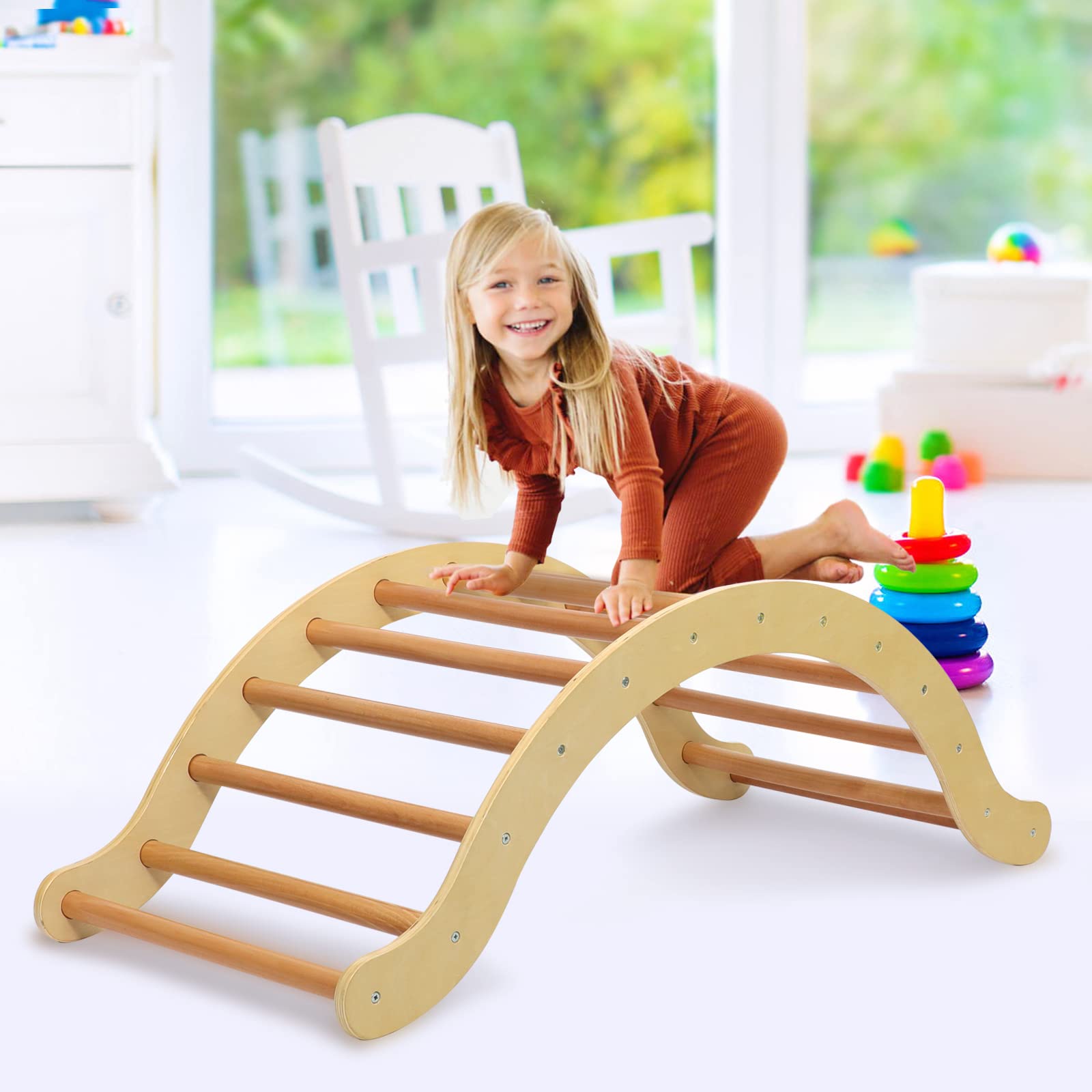 Natural Wooden Toddler Climbing Arch with Soft Padding - Montessori-Inspired Rocker Ramp & Activity Climber for Babies 12-36 Months - Indoor Playroom, Nursery & Outdoor Backyard Fun