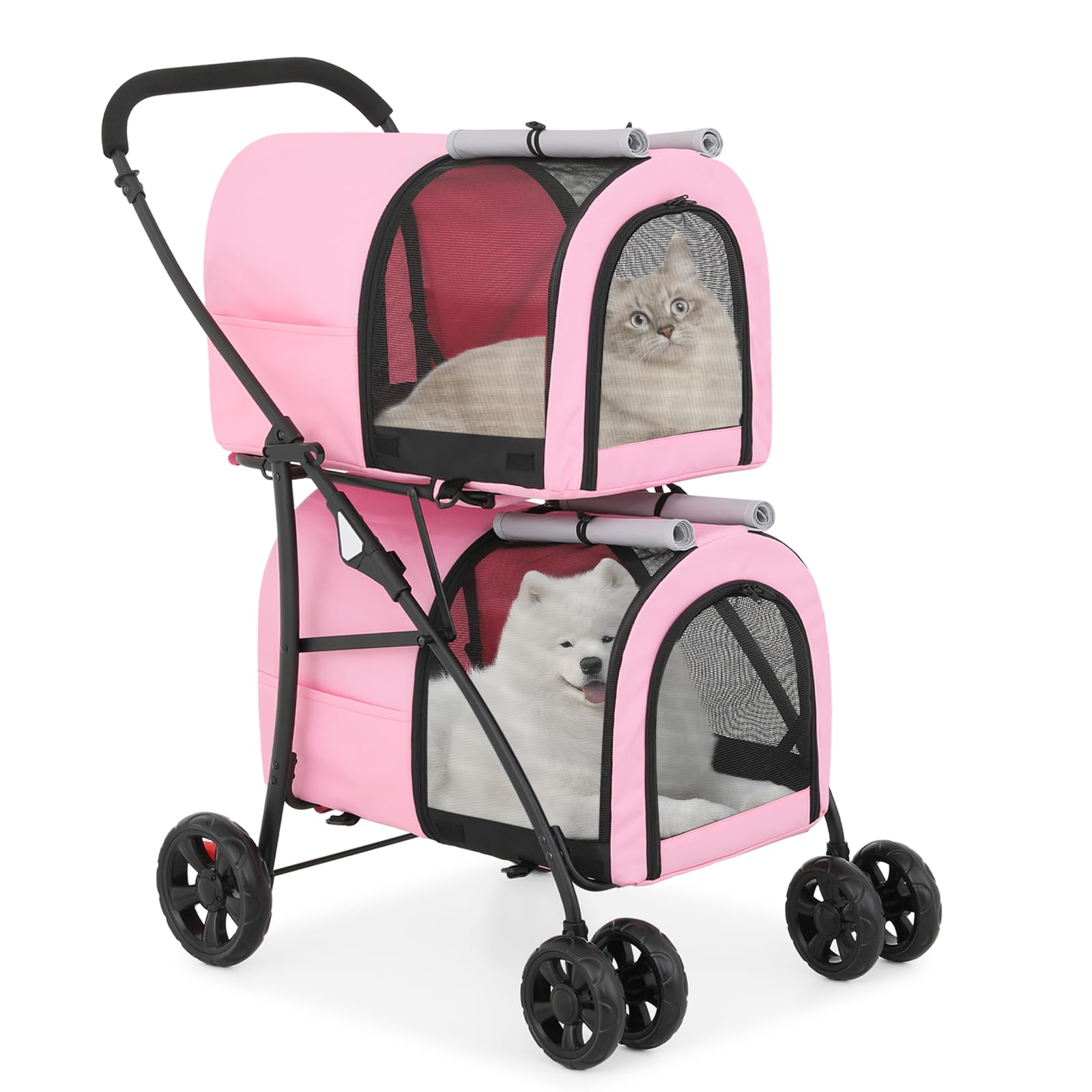 MoNiBloom Double Dog Stroller with Removable Carrier Bags - Large 4-Wheel Foldable Pet Jogger for Small & Medium Dogs & Cats (Pink/Gray) - Perfect for Park Walks, Vet Visits & Outdoor Adventures
