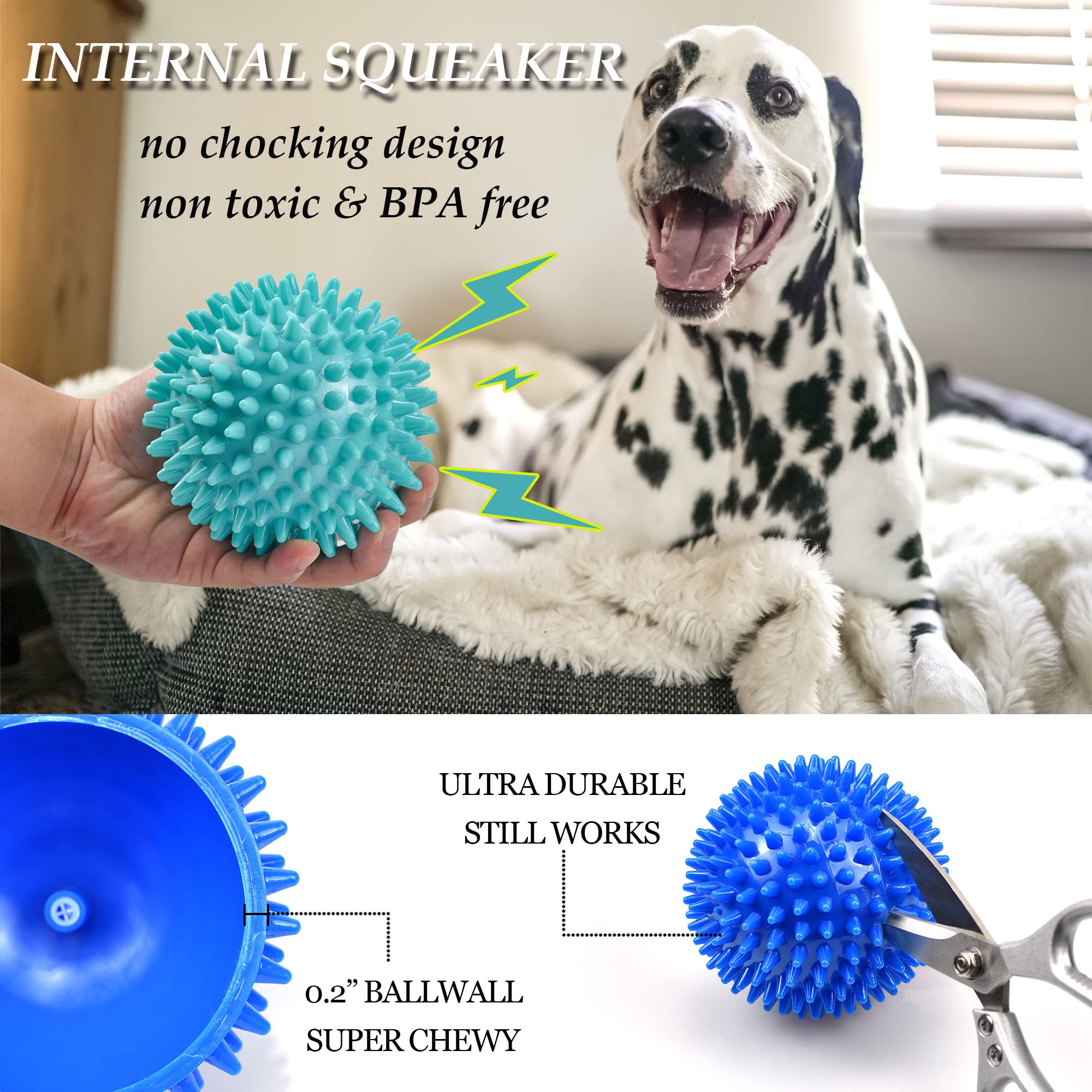 Ousiya 12cm Thickened Squeaky Dog Toy Balls - 4 Pack Durable Spikey Chew Toys for Aggressive Chewers, Medium & Large Dogs - Teeth Cleaning & Training Pet Supplies - Perfect for Outdoor Play, Fetch Games & Interactive Training Sessions