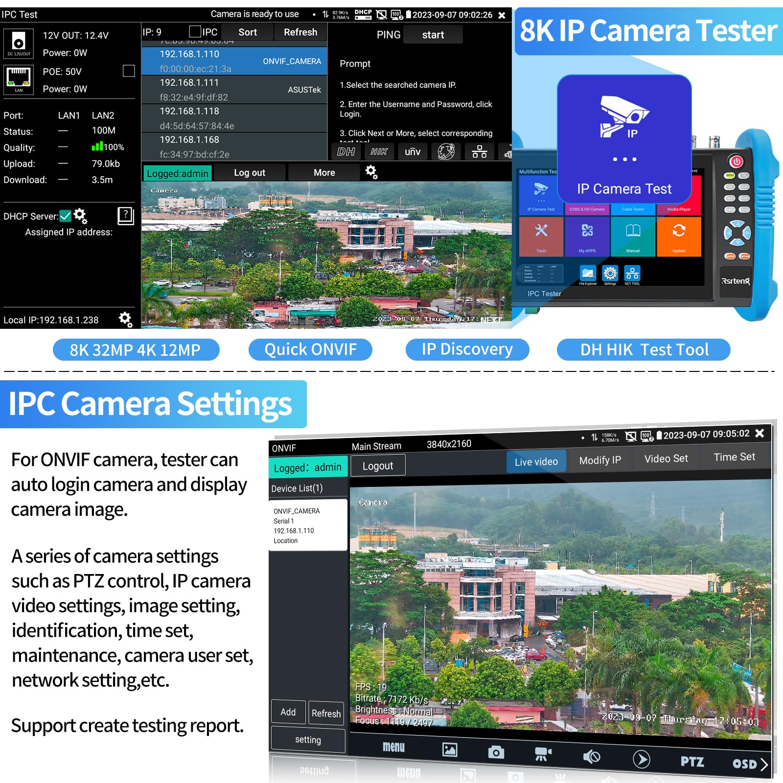 8K 32MP IP CCTV Camera Tester - 7inch IPS Touch Screen with TDR, POE, WiFi & HDMI Support for 8MP CVI/TVI/AHD/SDI/CVBS Cameras | IPC-9800ADHS Pro | Ideal for Security System Installation & Maintenance
