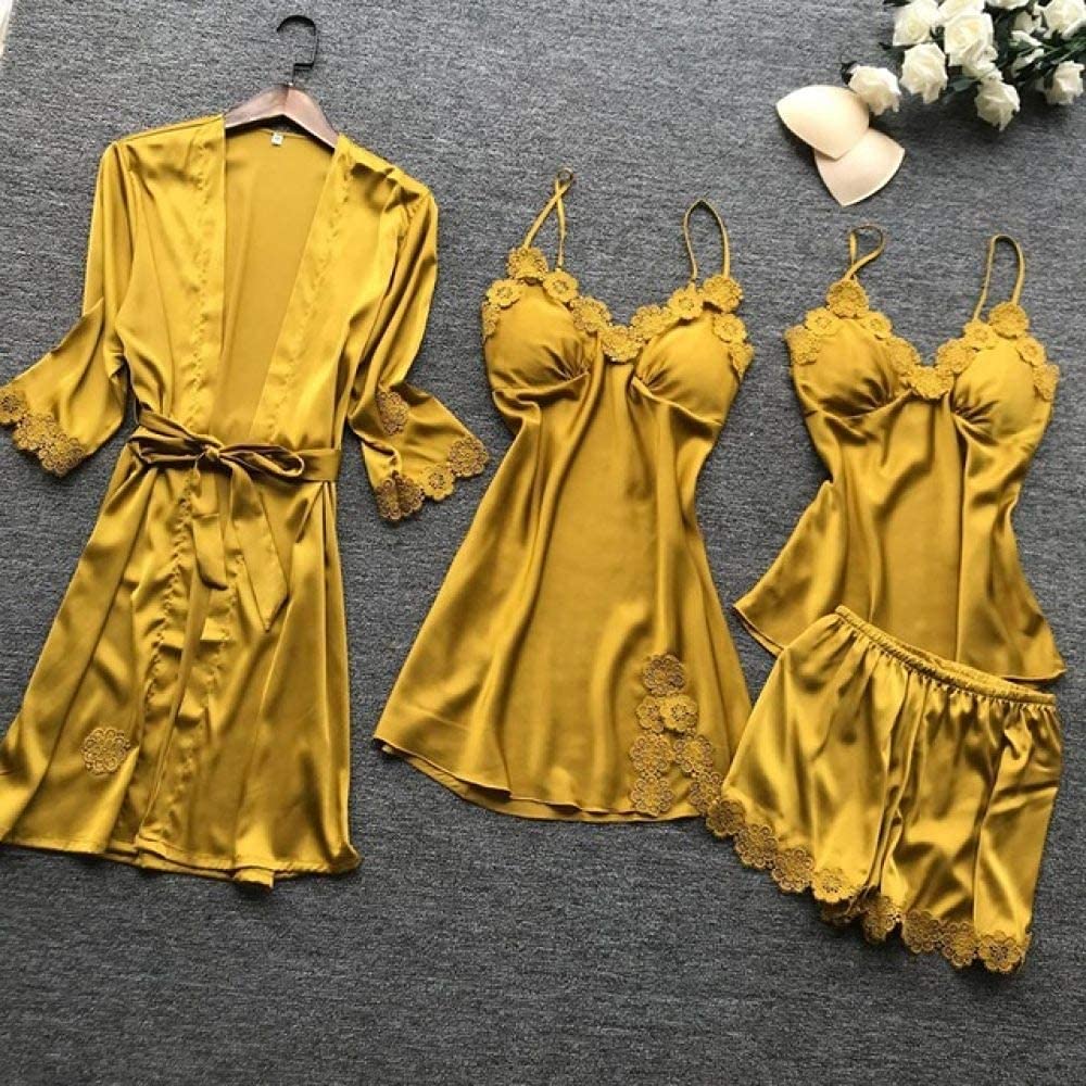 ZHANGHY Women's 4-Piece Faux Silk Pajama Set with Lace Bathrobe - Soft Sleepwear & Lounge Wear for Women (Yellow, Medium) | Perfect for Cozy Nights, Relaxing at Home, and Spa Days