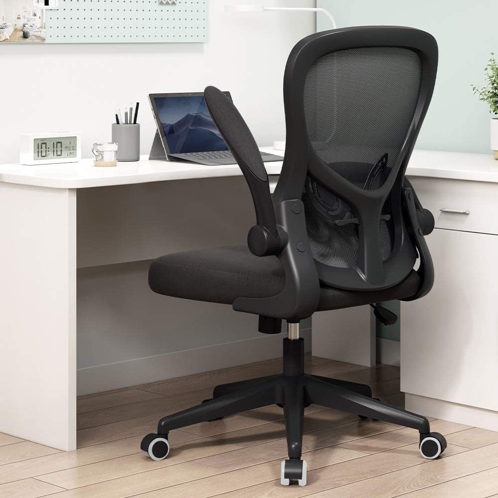 Hbada Ergonomic Office Chair - Adjustable Mesh Computer Desk Chair with Lumbar Support & Flip-Up Arms for Home & Office Use - Black