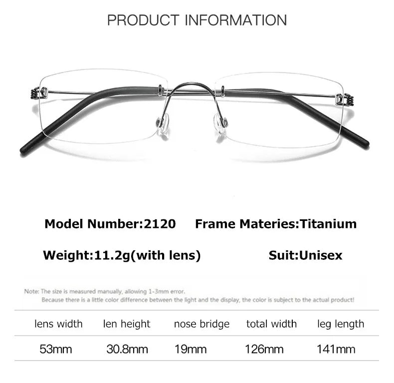Aimee Unisex Rimless Square Screwless Titanium Eyeglasses 2120 - Lightweight Durable Frame for Reading, Computer Work & Everyday Wear