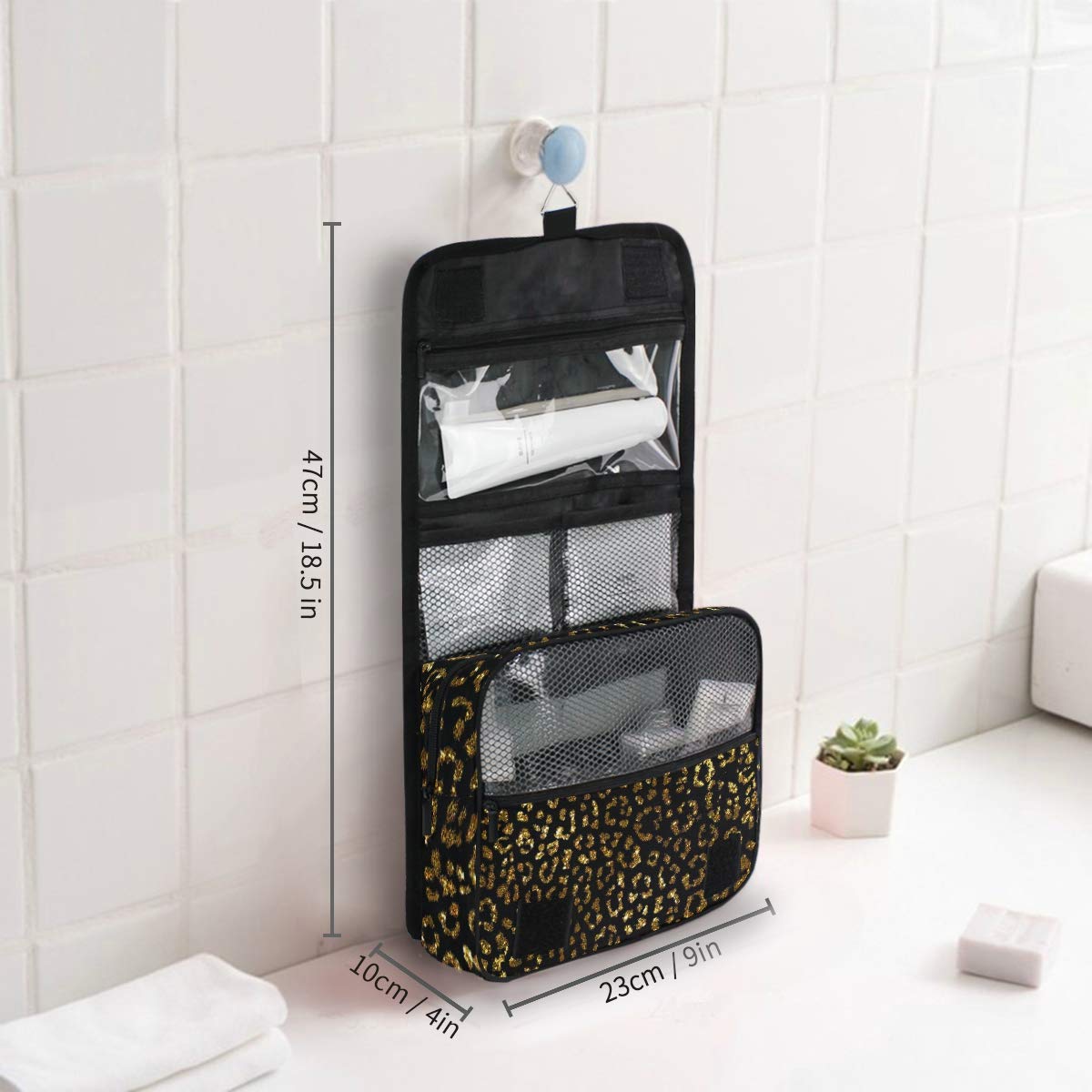 ALAZA Gold Leopard Print Hanging Toiletry Bag - Waterproof Travel Cosmetic Organizer with Hook for Makeup, Skincare & Shampoo | Perfect for Vacation, Gym & Business Trips