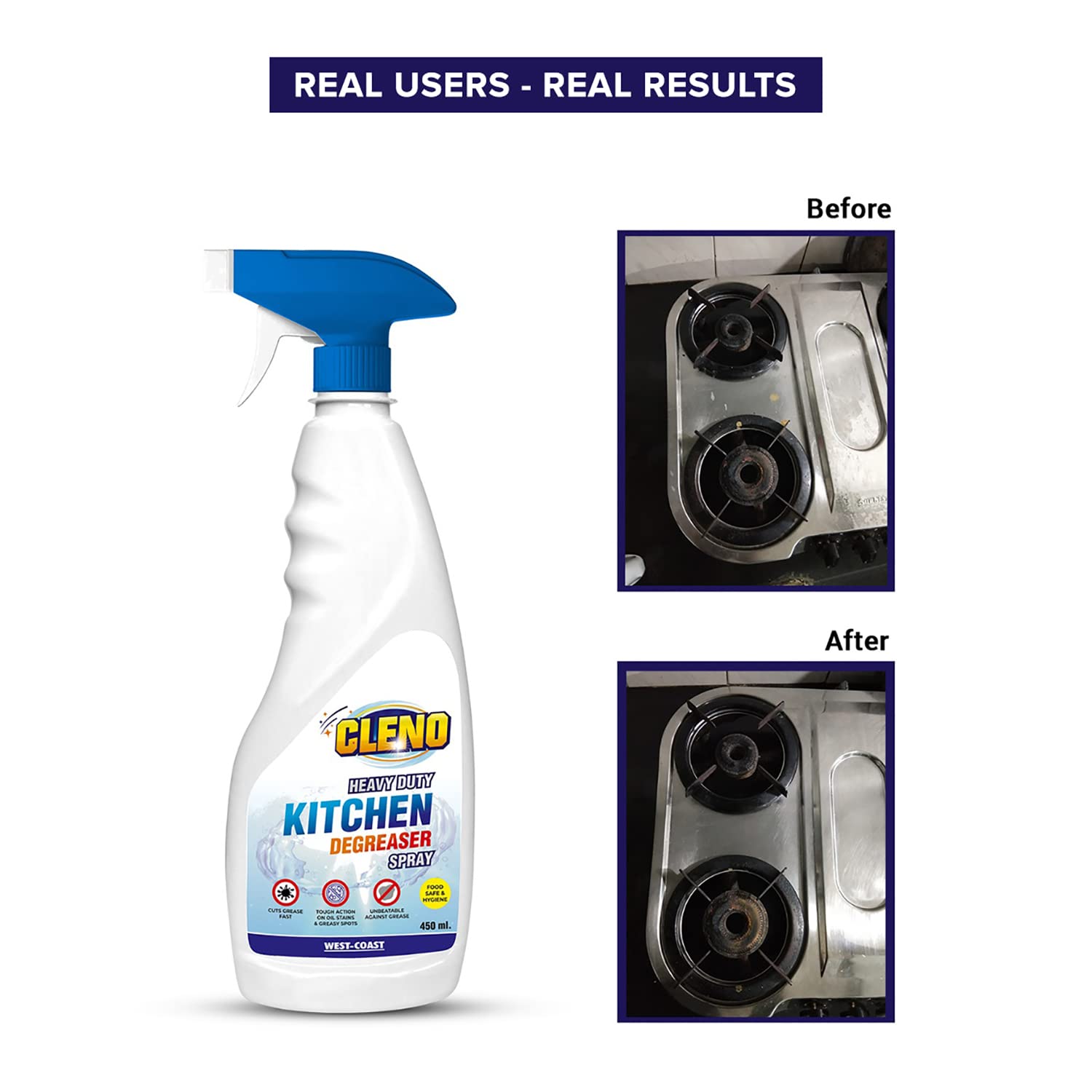 Cleno Heavy Duty Kitchen Degreaser Spray - Powerful Oil & Grease Remover for Stoves, Grills, Ovens, Exhaust Fans & Kitchen Surfaces (450ml) | Ideal for Deep Cleaning Chimneys, Countertops & Food Stains