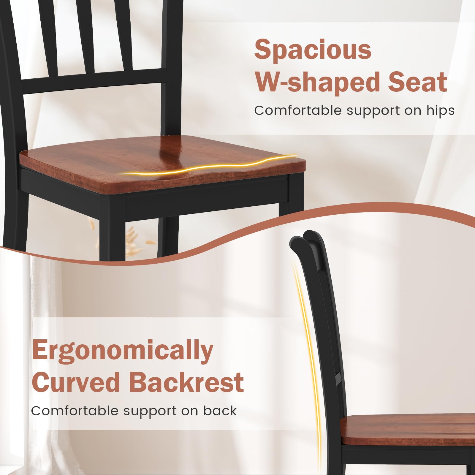 Solid Wood Dining Chairs Set of 2 - Modern Farmhouse Kitchen Chairs with Curved Slat Back, Sturdy Wooden Dining Room Chairs for Kitchen & Breakfast Nook (Black) - Perfect for Small Spaces & Cozy Dining Areas