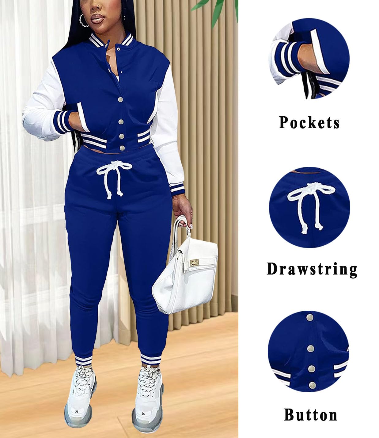 Women's Two Piece Varsity Outfit Set - Long Sleeve Baseball Jacket & Casual Sweatpants | Sporty Chic Streetwear for School, Game Day & Casual Outings