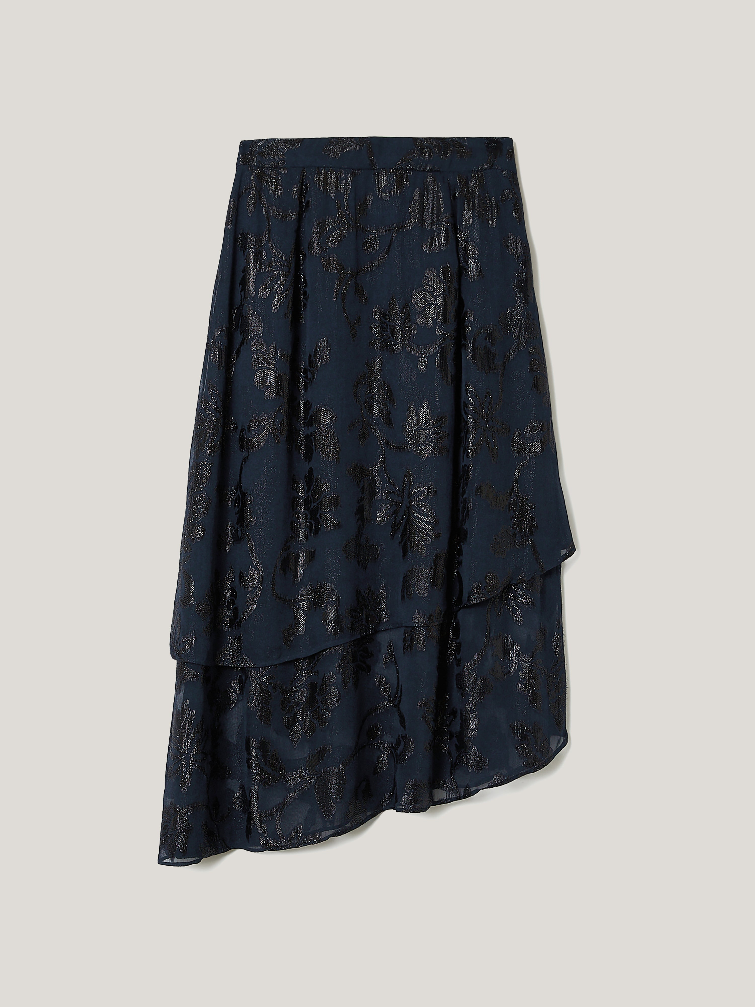 Elegant Metallic Jacquard Midi Skirt in Navy Blue - Perfect for Office Wear, Cocktail Parties & Special Occasions