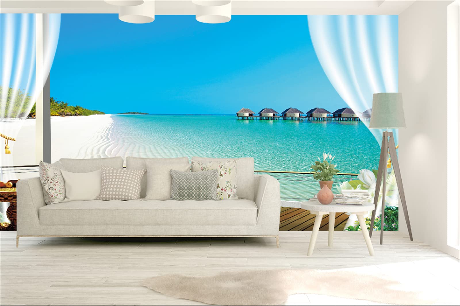 FLFK 3D Window View Peel and Stick Wall Mural - Beach Ocean Seascape Backdrop - Self-Adhesive Removable Wallpaper for Bedroom, Living Room, Office Decor (118