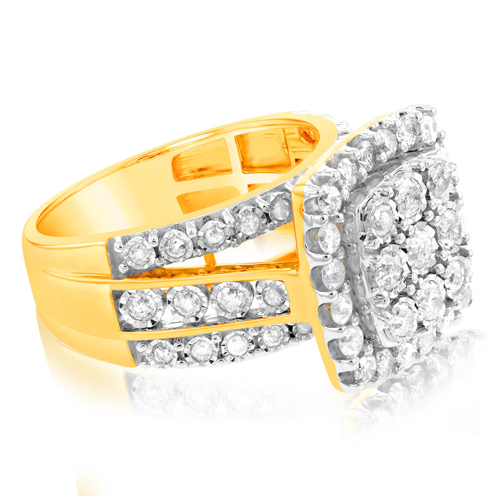 9ct Yellow Gold 2 Carat Diamond Cluster Square Dress Ring for Women - Elegant Evening Party & Wedding Jewelry Gift